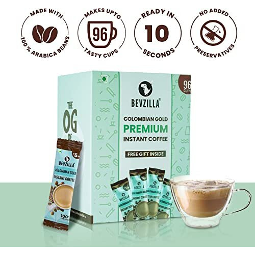 Bevzilla 96 Instant Coffee Powder Sachets (Colombian Gold) - 192 Grams| Hot & Cold Coffee| Makes 96 Cups| 100 % Arabica Coffee| Strong Coffee| Easy To Carry| Best Coffee| Espresso, Latte, Cappuccino| Premium