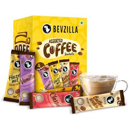 Bevzilla 96 Instant Coffee Powder Sachets(4 Flavours) - 2 Gram Each Sachet| Turkish Hazelnut, Colombian Gold, French Vanilla & English Butterscotch | 24 Sachets Each Flavour| Hot & Cold Coffee| Makes 96 Cups| 100 % Arabica Coffee| Strong Coffee| Easy To Carry| Best Coffee| Espresso, Latte, Cappuccino