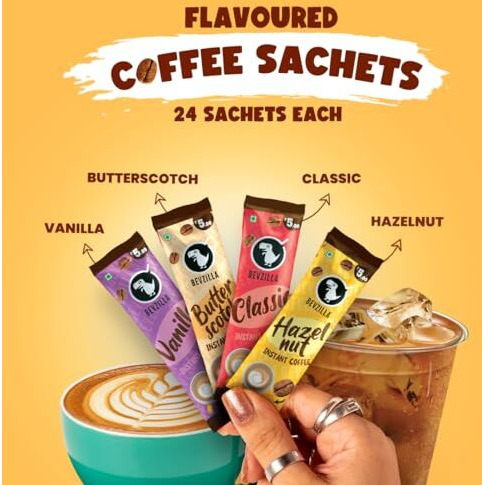 Bevzilla 96 Instant Coffee Powder Sachets(4 Flavours) - 2 Gram Each Sachet| Turkish Hazelnut, Colombian Gold, French Vanilla & English Butterscotch | 24 Sachets Each Flavour| Hot & Cold Coffee| Makes 96 Cups| 100 % Arabica Coffee| Strong Coffee| Easy To Carry| Best Coffee| Espresso, Latte, Cappuccino