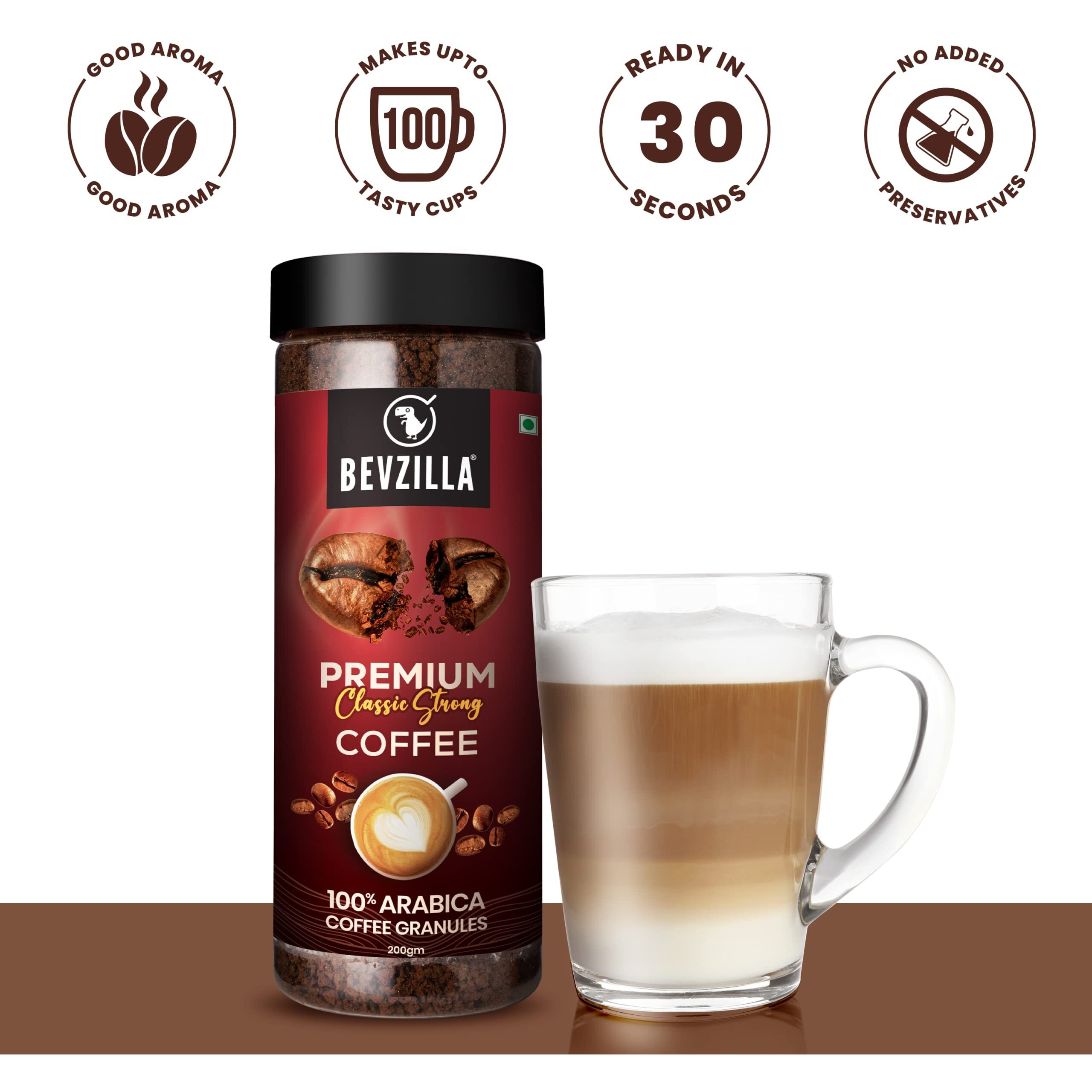 Bevzilla 200 Gram 100% Arabica Instant Classic Strong Coffee Powder | Make 100 Cups | Strong Coffee| Classic Coffee| Espresso, Latte & Cappucino| Hot & Cold Coffee | Unbreakable Jar