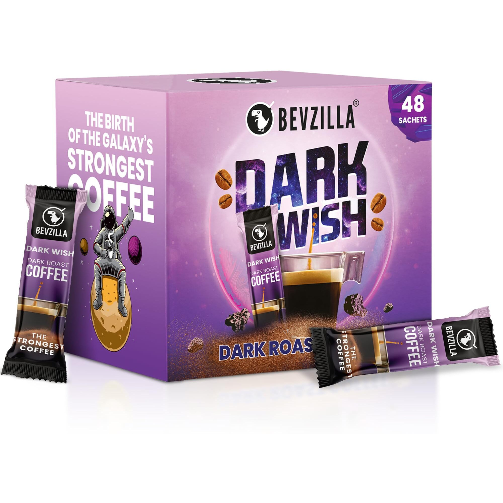 Bevzilla 48 Black Roast Coffee Sachets - 96 Grams(Dark Wish Coffee) | Black Roast Rich & Dark Instant Coffee Powder | Strongest Coffee| Expresso, Cappuccino, Latte| Dark Wish Arabica Coffee | Bold & Intense| Premium Coffee| Makes 48 Cups