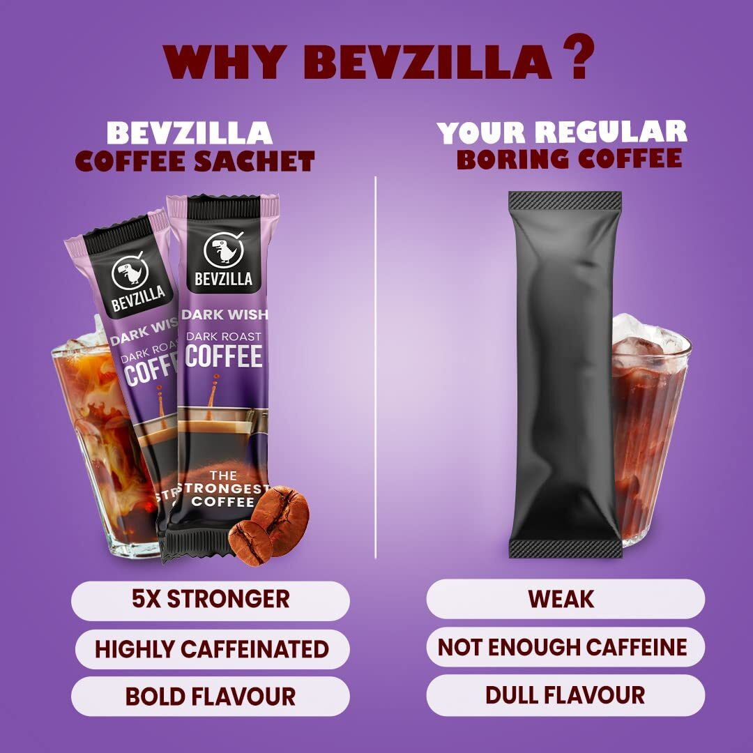 Bevzilla 48 Black Roast Coffee Sachets - 96 Grams(Dark Wish Coffee) | Black Roast Rich & Dark Instant Coffee Powder | Strongest Coffee| Expresso, Cappuccino, Latte| Dark Wish Arabica Coffee | Bold & Intense| Premium Coffee| Makes 48 Cups