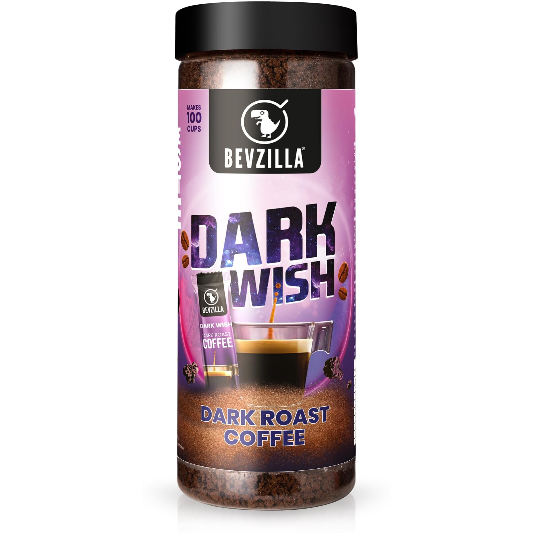 Bevzilla 200 Gram Black Roast (Dark Wish) Strong Coffee | Make 100 Cups | Dark Wish Rich & Dark Instant Coffee Powder | Bold & Intense| Premium Coffee | 100% Arabica Coffee| Espresso, Cappuccino, Latte| High Caffeine