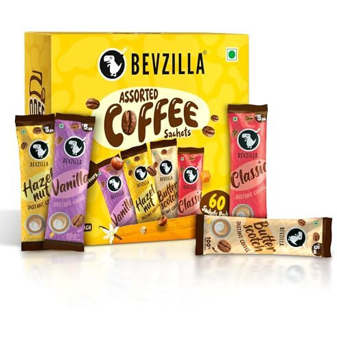 Bevzilla 60 Instant Coffee Powder Sachets(4 Flavours) - 120 Grams | Turkish Hazelnut, Colombian Gold, French Vanilla & English Butterscotch | 15 Sachets Each Flavour| Makes 60 Cups| 100 % Arabica Coffee| Strong Coffee