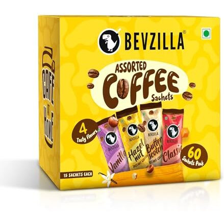 Bevzilla 60 Instant Coffee Powder Sachets(4 Flavours) - 120 Grams | Turkish Hazelnut, Colombian Gold, French Vanilla & English Butterscotch | 15 Sachets Each Flavour| Makes 60 Cups| 100 % Arabica Coffee| Strong Coffee