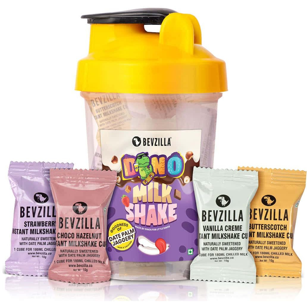 Bevzilla Instant Milkshake Cubes & Bottle Pack With 8 Milkshake Cubes (2 Cubes Each Flavour) | Strawberry, Butterscotch, Choco Hazelnut & Vanilla Creme Flavour | BPA Free Shaker 500 Ml Leak Proof