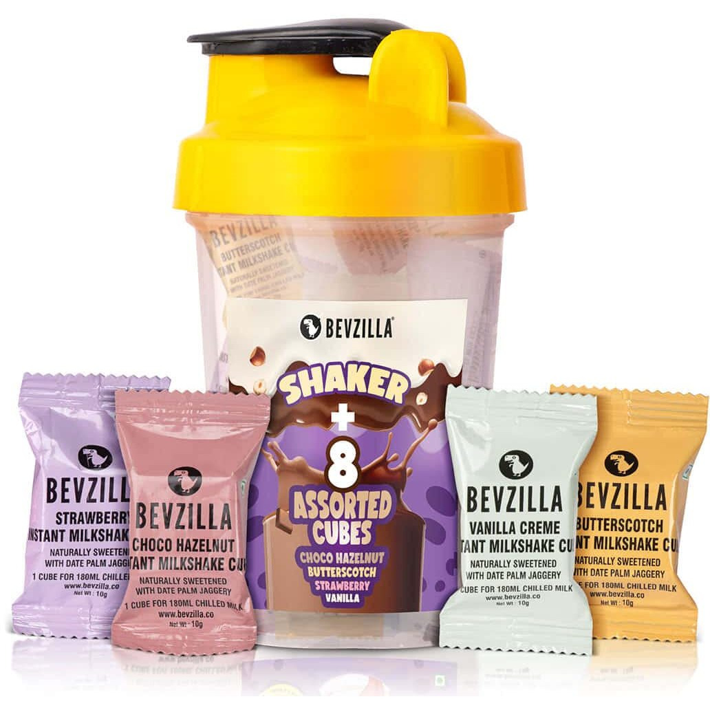 Bevzilla Instant Milkshake Cubes & Bottle Pack With 8 Milkshake Cubes (2 Cubes Each Flavour) | Strawberry, Butterscotch, Choco Hazelnut & Vanilla Creme Flavour | BPA Free Shaker 500 Ml Leak Proof