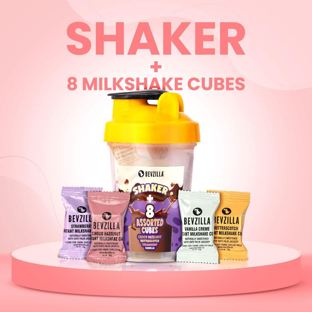 Bevzilla Instant Milkshake Cubes & Bottle Pack With 8 Milkshake Cubes (2 Cubes Each Flavour) | Strawberry, Butterscotch, Choco Hazelnut & Vanilla Creme Flavour | BPA Free Shaker 500 Ml Leak Proof