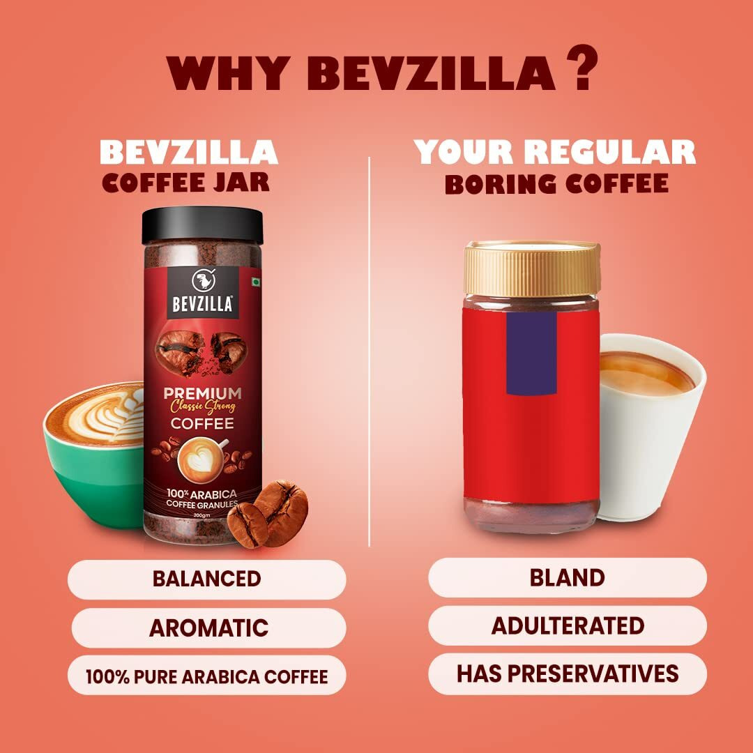 Bevzilla 400 Gram (200 Gm Pack of 2) 100% Arabica Instant Classic Strong Coffee Powder | Make 200 Cups Coffee| Espresso, Latte & Cappucino| Hot Cold Unbreakable Jar
