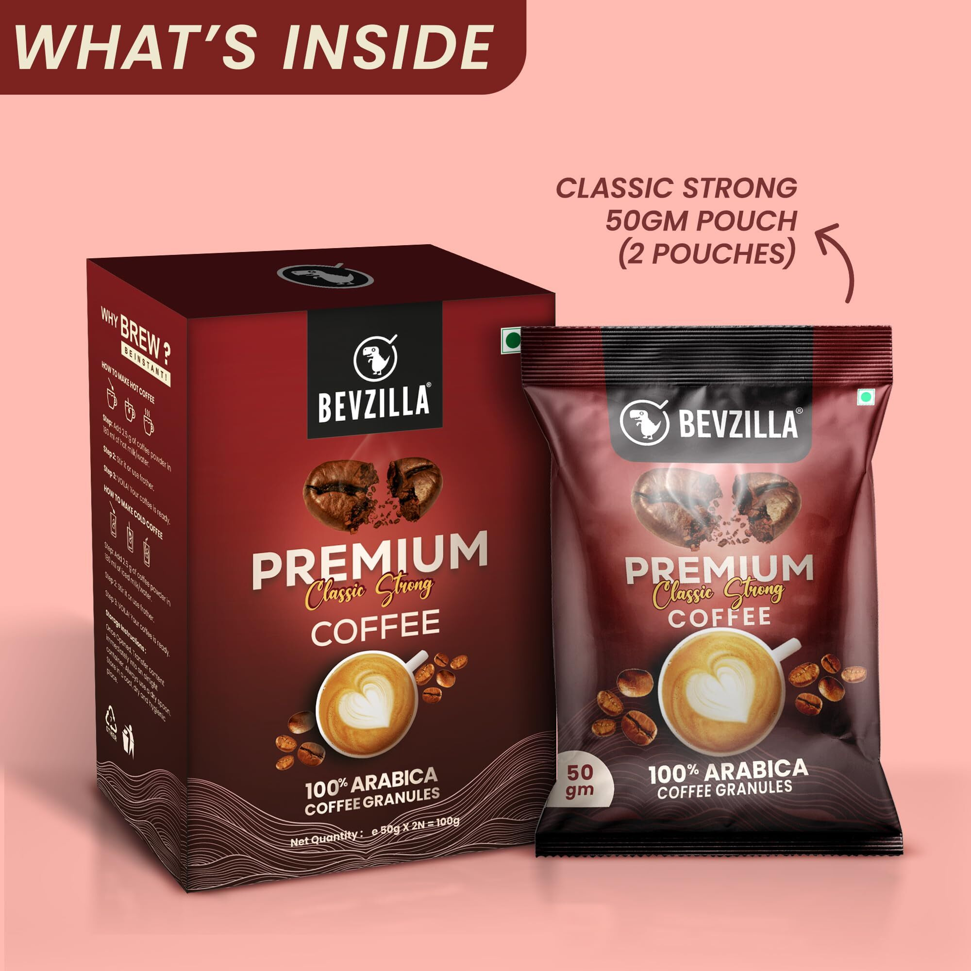 Bevzilla 100 Grams (50 Gm X 2 Bags) Classic Strong Coffee Powder | Make 50 Cups| Strong Coffee| Classic Coffee| Espresso, Latte & Cappucino| Hot & Cold Coffee
