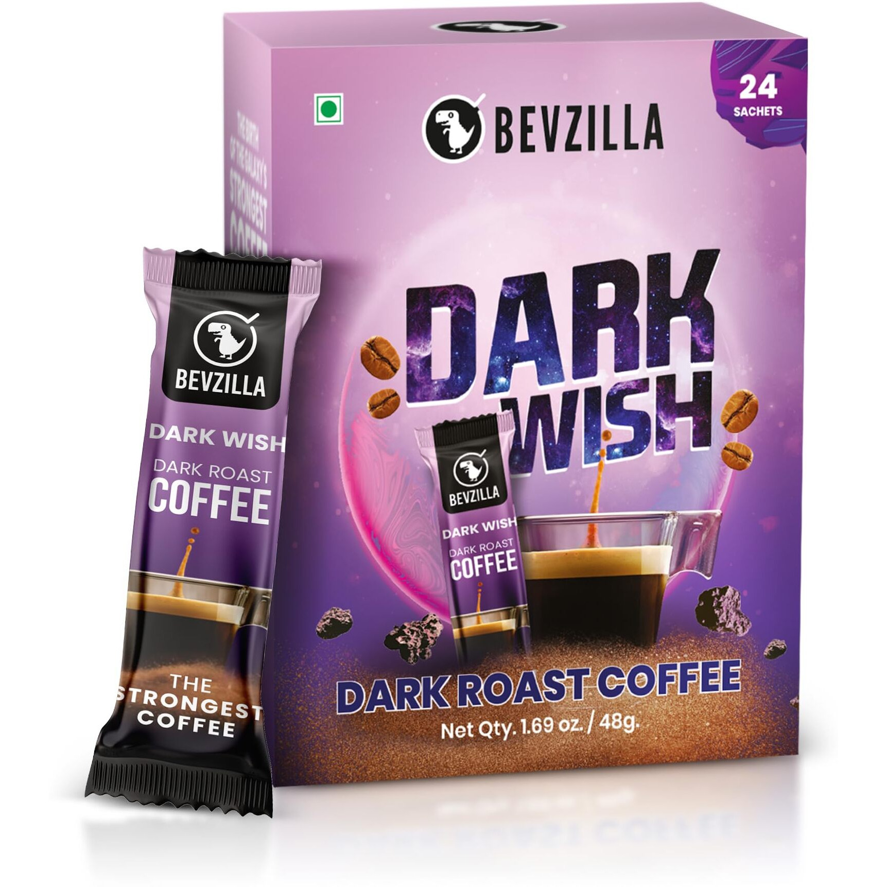 Bevzilla 24 Black Roast Coffee Sachets - 48 Grams(Dark Wish Coffee) | Black Roast Rich & Dark Instant Coffee Powder | Strongest Coffee| Dark Roast Arabica Coffee | Bold & Intense| Makes 24 Cups