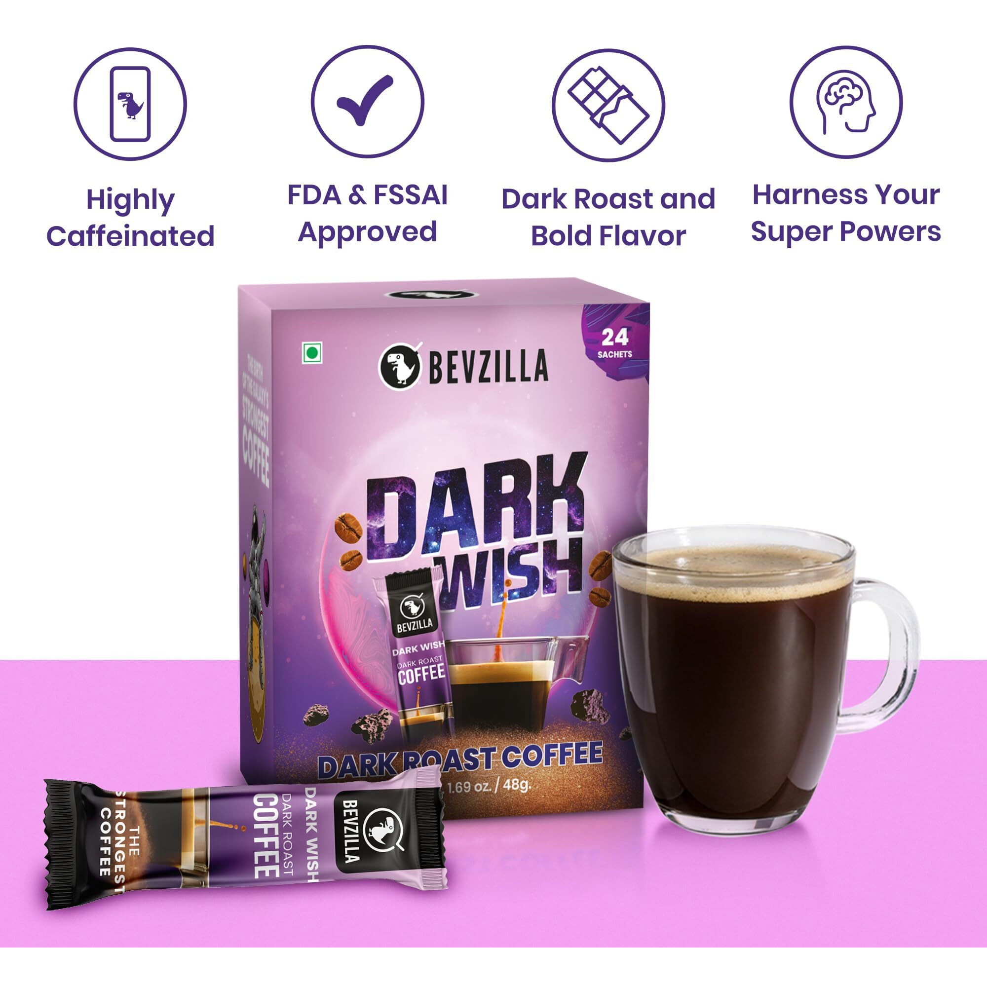 Bevzilla 24 Black Roast Coffee Sachets - 48 Grams(Dark Wish Coffee) | Black Roast Rich & Dark Instant Coffee Powder | Strongest Coffee| Dark Roast Arabica Coffee | Bold & Intense| Makes 24 Cups