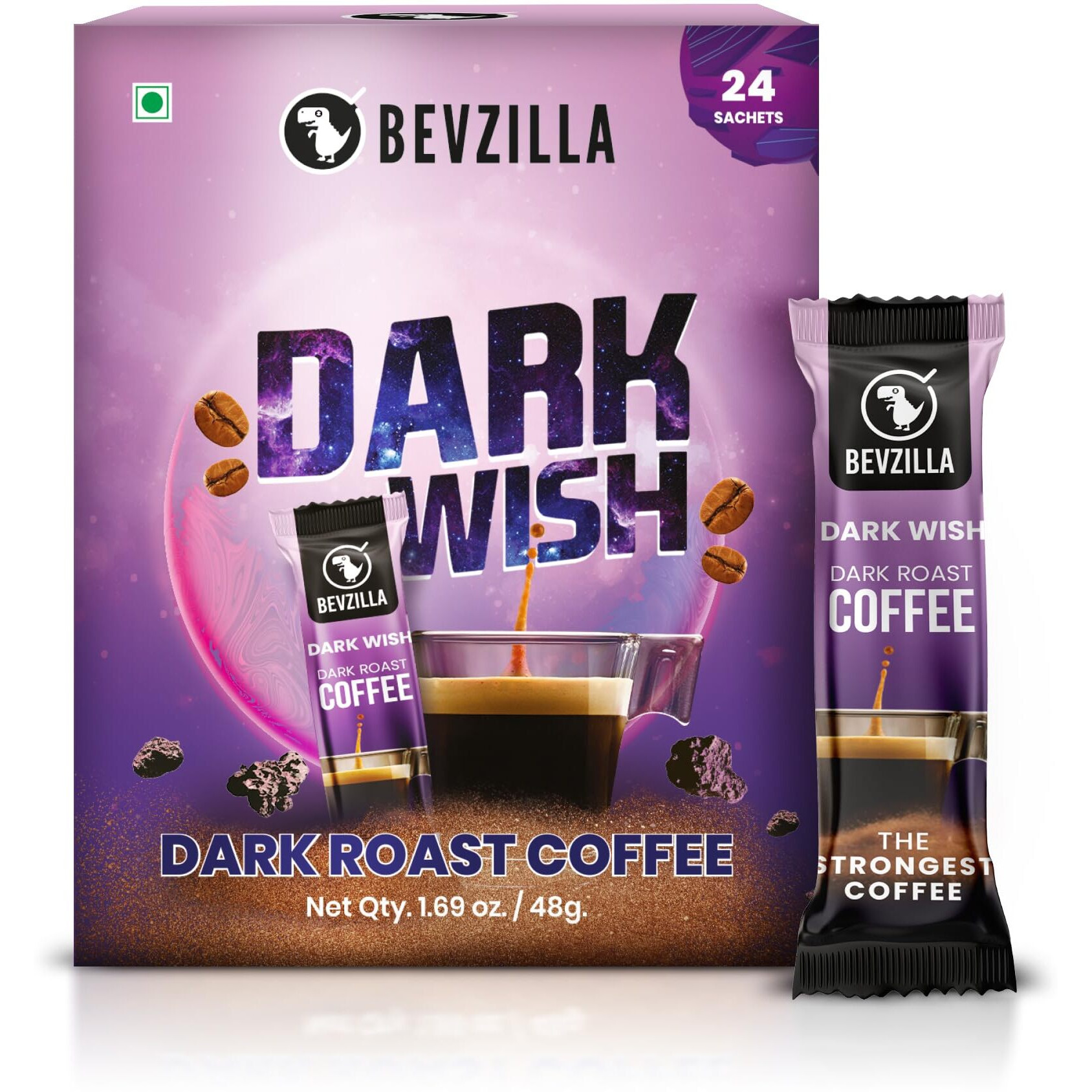 Bevzilla 24 Black Roast Coffee Sachets - 48 Grams(Dark Wish Coffee) | Black Roast Rich & Dark Instant Coffee Powder | Strongest Coffee| Dark Roast Arabica Coffee | Bold & Intense| Makes 24 Cups