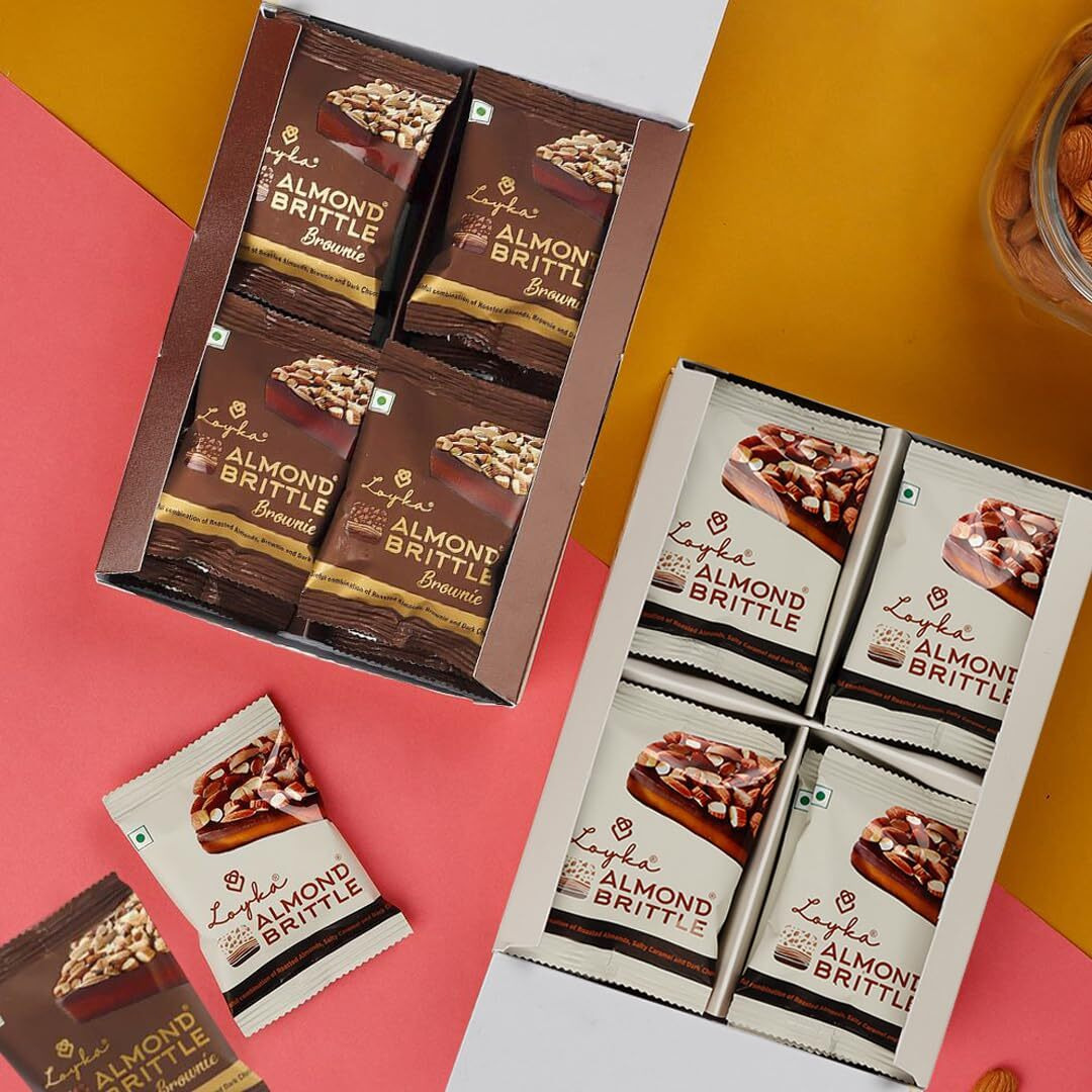 LOYKA Almond Brittle Combo-Classic(12 Pcs)&Brownie(12 Pcs) Any-Time Snack Choco&Nut Dryfruit Delicacy Roasted California Almonds(40%),Dark Choco,Salted Caramel,Crunchy Brownie Gift,408 Grams