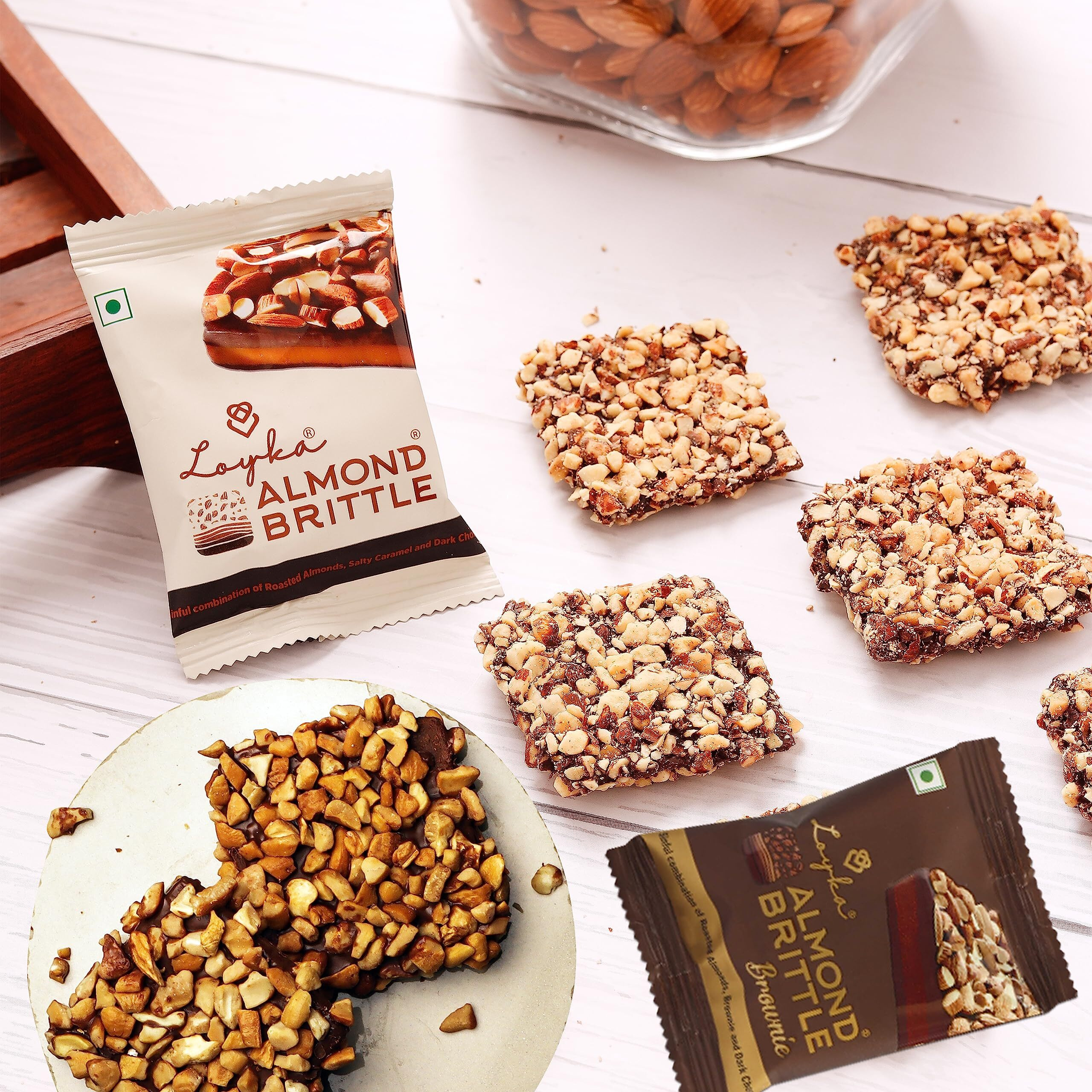 LOYKA Almond Brittle Combo-Classic(12 Pcs)&Brownie(12 Pcs) Any-Time Snack Choco&Nut Dryfruit Delicacy Roasted California Almonds(40%),Dark Choco,Salted Caramel,Crunchy Brownie Gift,408 Grams