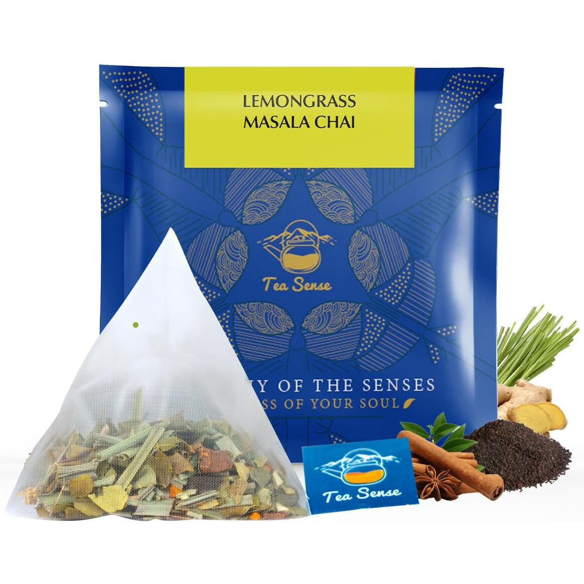 Tea Sense Lemongrass Masala Chai | 15 Pc Pyramid Tea Bags | Zesty Spicy Blend | Ginger, Cardamom, Clove, Cinnamon, Nutmeg, Black Pepper | Healthy Light 200 Gram
