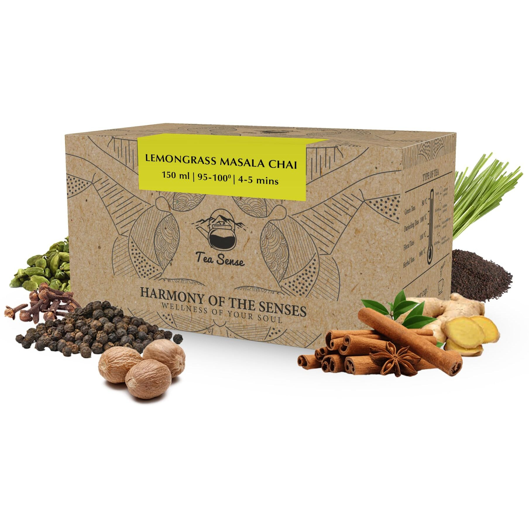 Tea Sense Lemongrass Masala Chai | 15 Pc Pyramid Tea Bags | Zesty Spicy Blend | Ginger, Cardamom, Clove, Cinnamon, Nutmeg, Black Pepper | Healthy Light 200 Gram