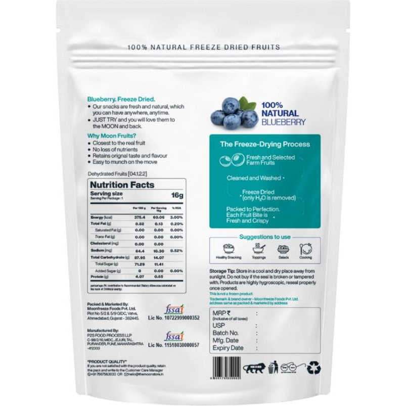 Moon Freeze dried Premium Blueberries 16g (Gluten Free, Non-GMO & Vegan) Vitamin Rich Blueberries, Dried Blueberries, Low Fat Healthy Snacks, Sweet and Delicious (Pack of 01)
