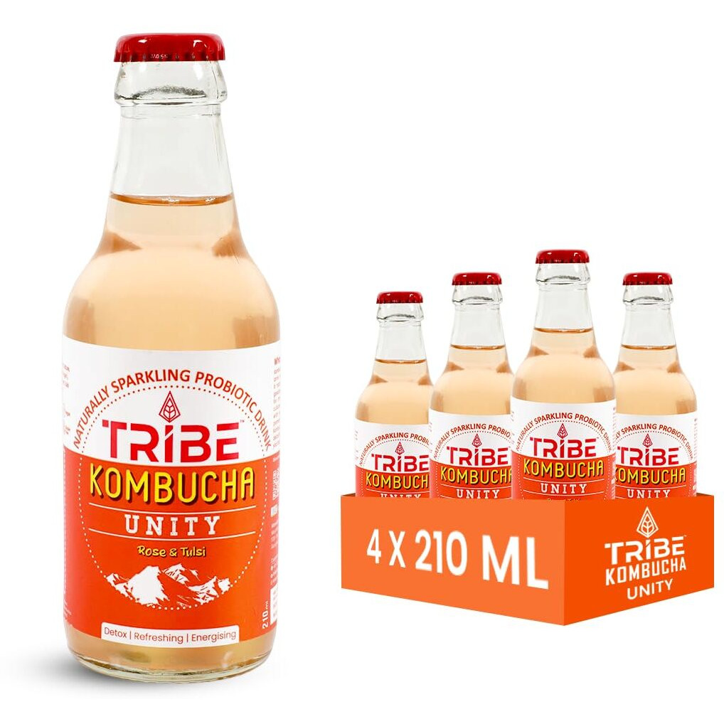 Tribe Kombucha Naturally Sparkling Probiotic Super Drink| Rose & Tulsi | Gut Friendly | Gluten free | Immunity Booster | Antioxidant and Hydration | Unity | Pack of 4 |210 ML
