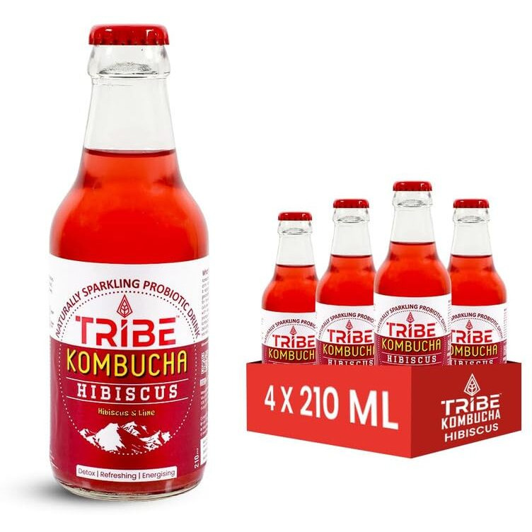 Tribe Kombucha Naturally Sparkling Probiotic Herbal Tea | Hibiscus & Lemon | Gut Friendly | Gluten free | Antioxidant and Hydration | Pack of 6 |210 ML