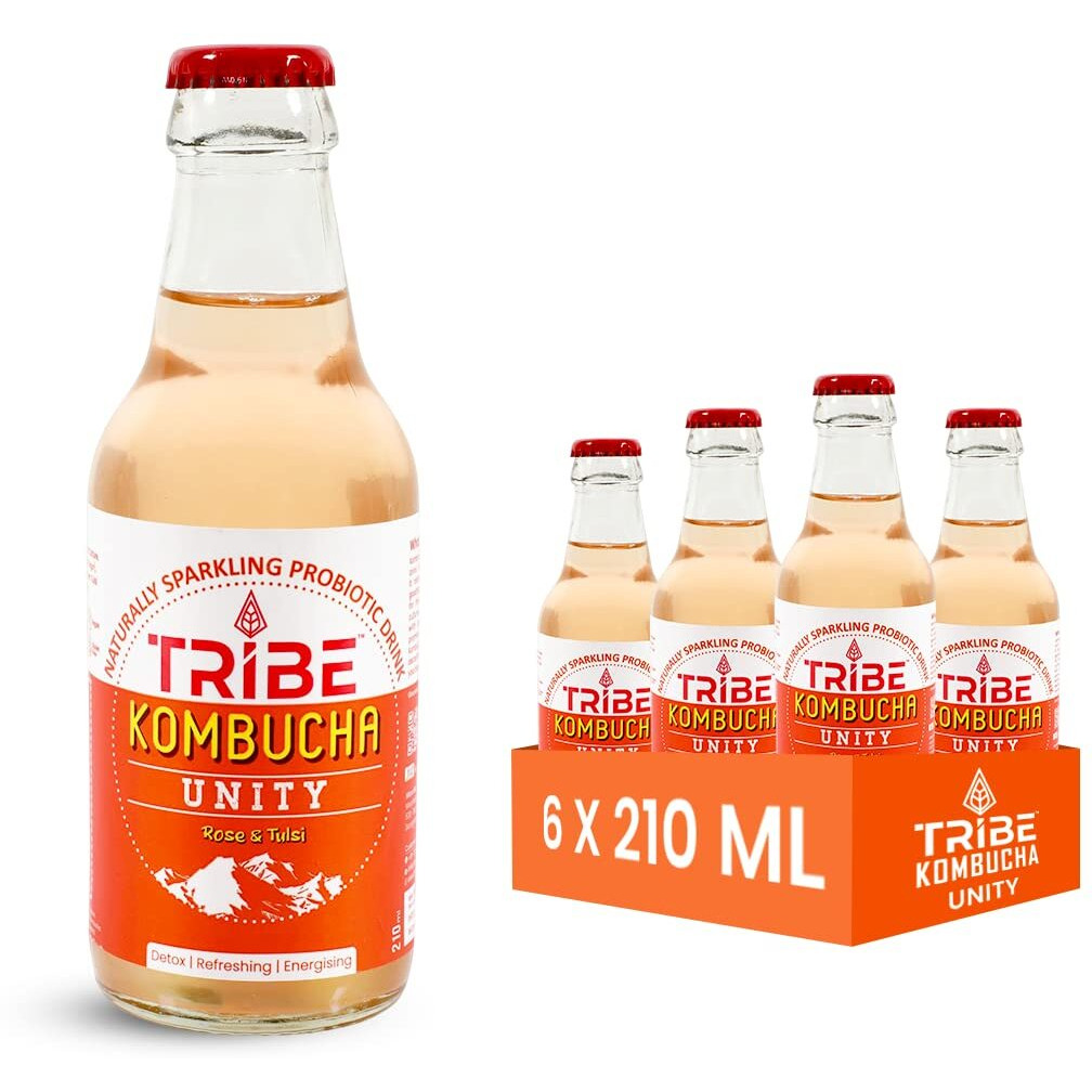 Tribe Kombucha Naturally Sparkling Probiotic Herbal Tea | Rose & Tulsi | Gut Friendly | Gluten free | Antioxidant and Hydration | Unity | Pack of 6 |210 ML