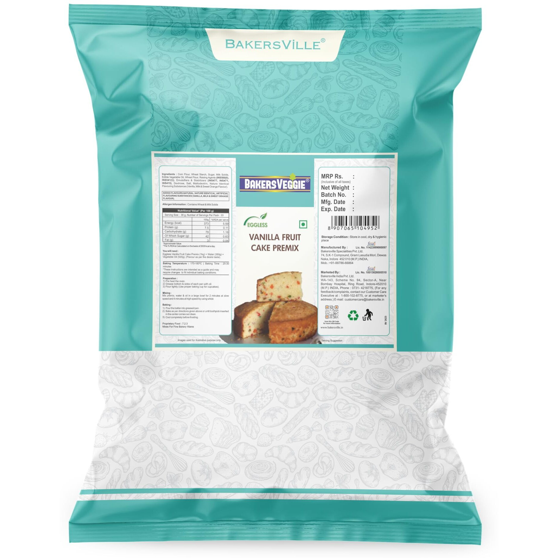 Bakersveggie Eggless Cake Premix, 1Kg (Vanilla Fruit Cake Premix)