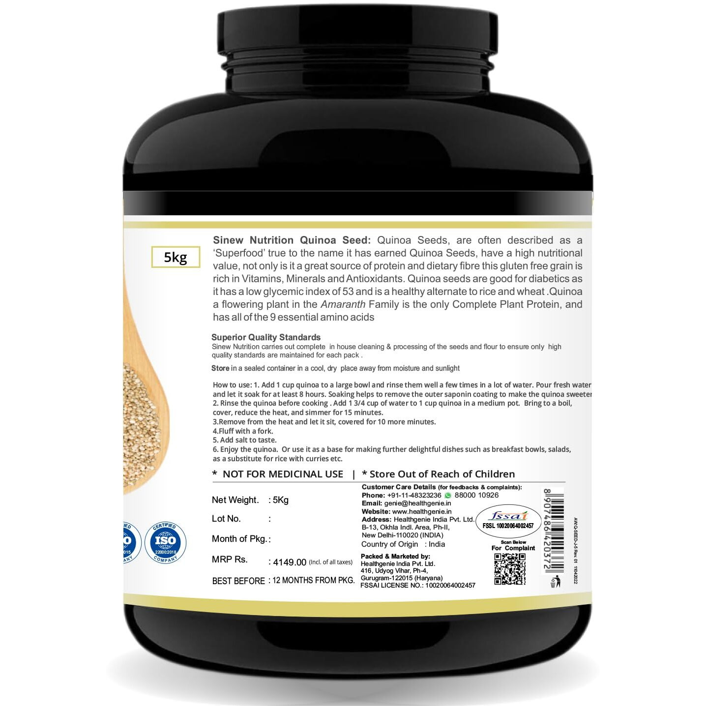 Sinew Nutrition Quinoa Seeds 5 kg, Gluten Free White Quinoa High in Protein, Fibre and Iron