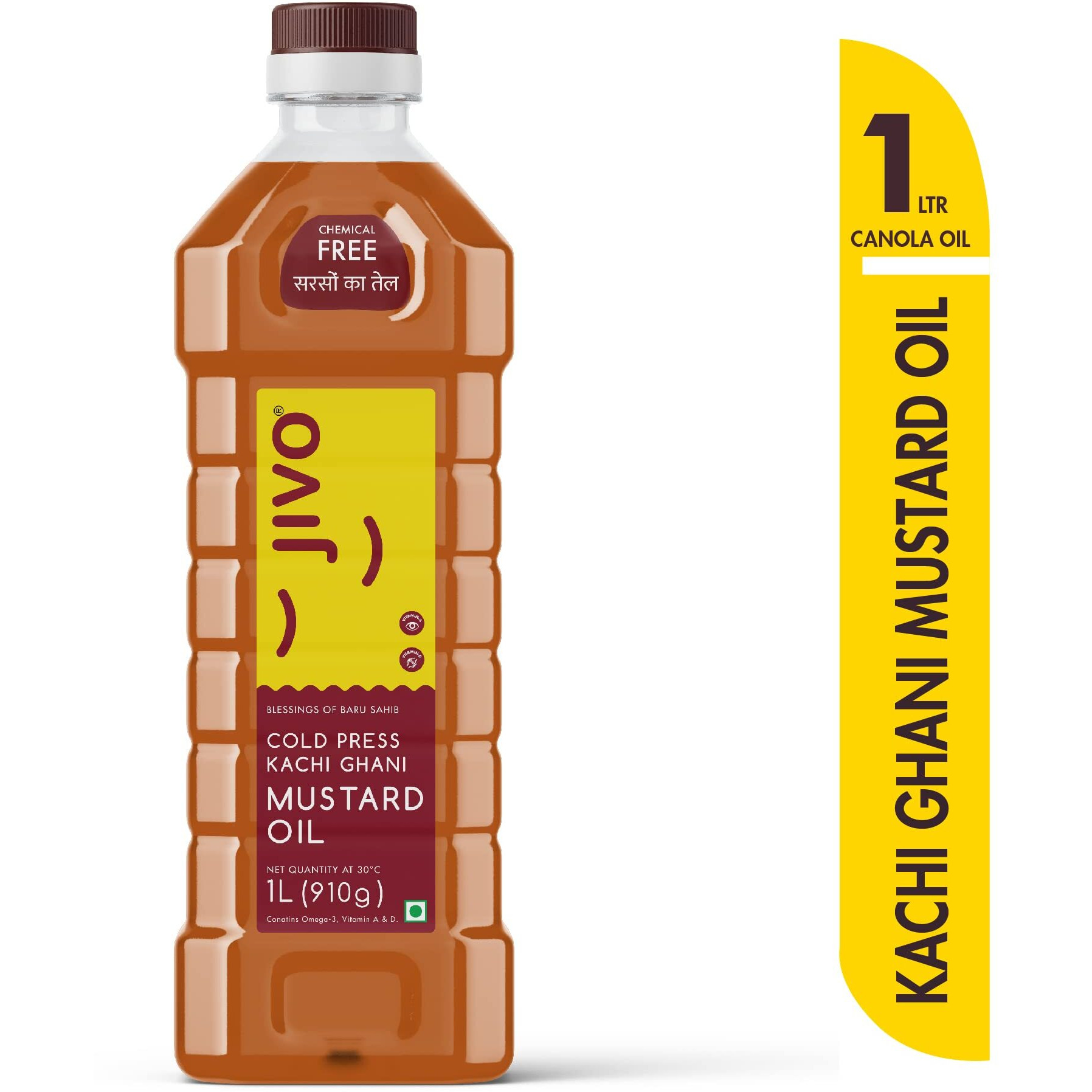 JIVO Cold Pressed Kachi Ghani Chemical Free Mustard Daily Cooking Oil, 1 Litre | Recommendable for Roasting, Frying, Baking All type of Cuisines|