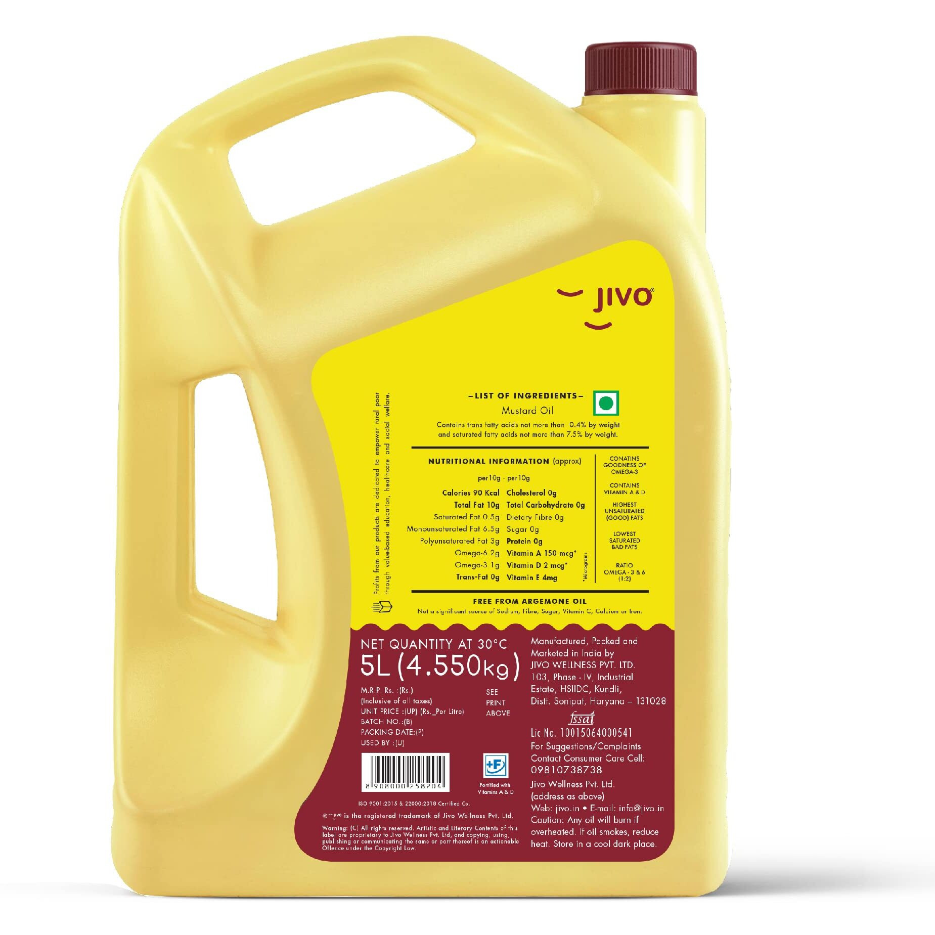 Jivo Premium Cold Pressed Kachi Ghani Pure Mustard Oil, 5 Litre | Natural & Pure, Rich in Omega-3 & Antioxidants | Ideal for Cooking, Frying, Pickling & Daily Use |