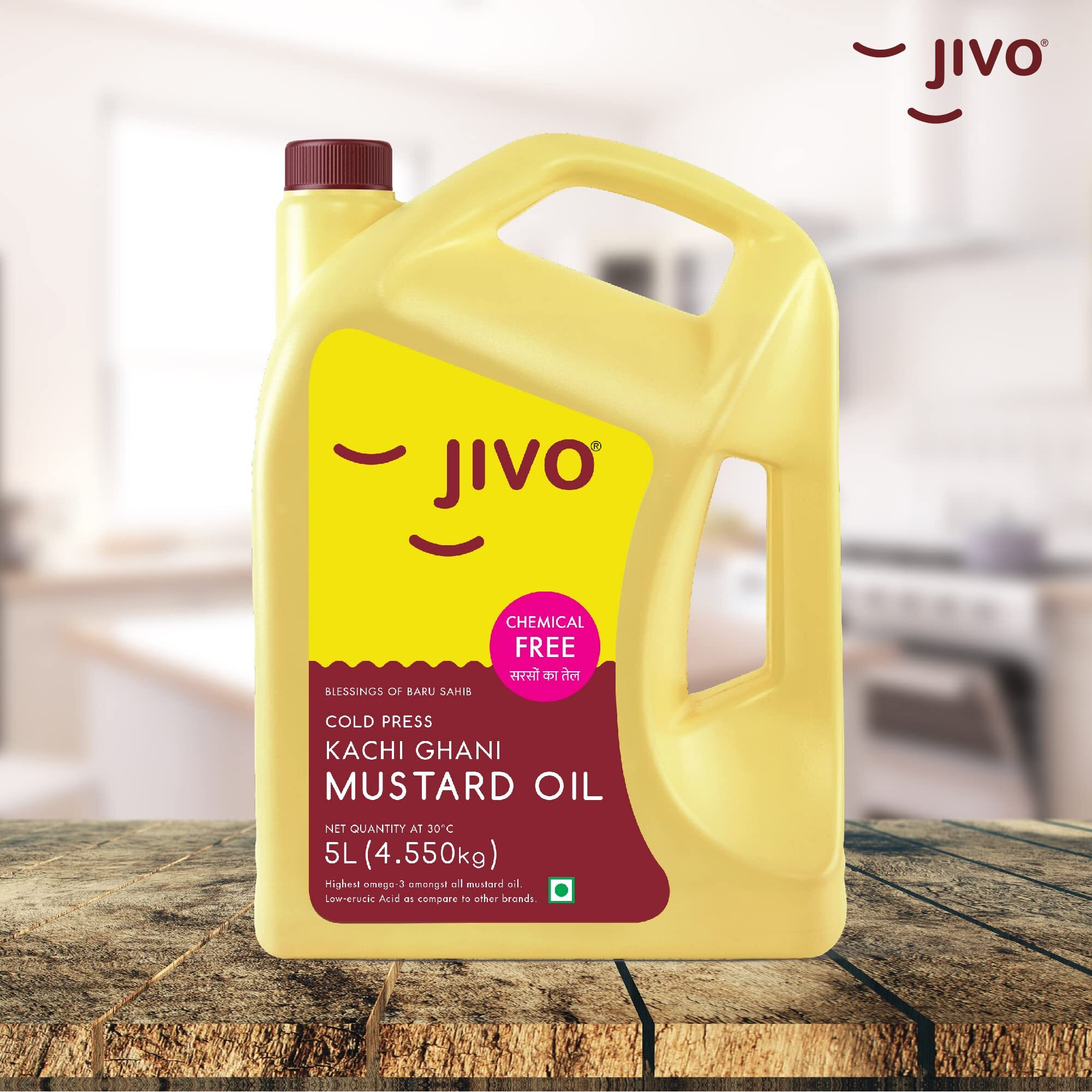 Jivo Premium Cold Pressed Kachi Ghani Pure Mustard Oil, 5 Litre | Natural & Pure, Rich in Omega-3 & Antioxidants | Ideal for Cooking, Frying, Pickling & Daily Use |