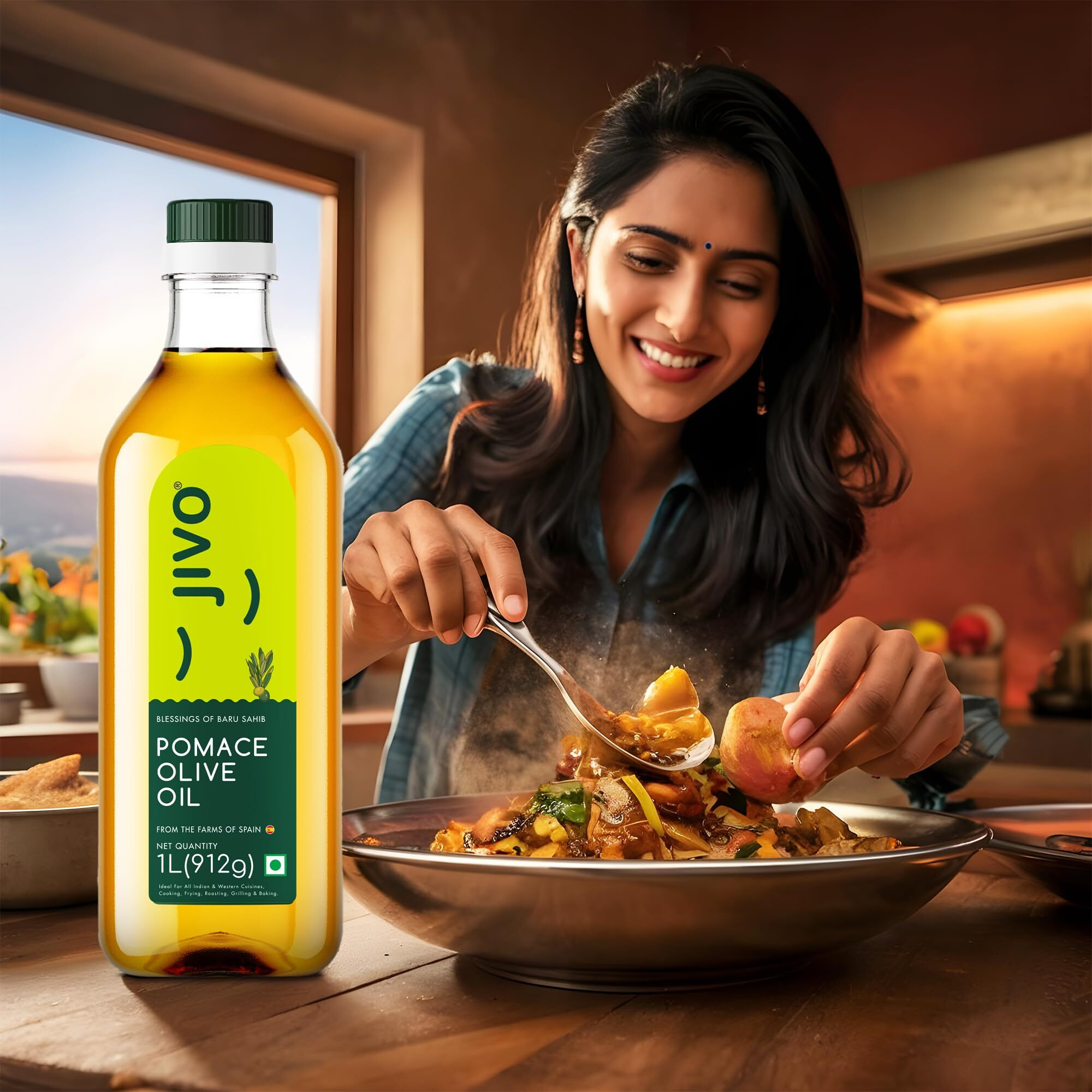 Jivo Daily Cooking Pomace Olive Oil | 1 Litre | Rich in Monounsaturated Fatty Acids (MUFA) | Low in Saturated Fat | Ideal for Roasting, Frying, and Baking (Pack of 1)