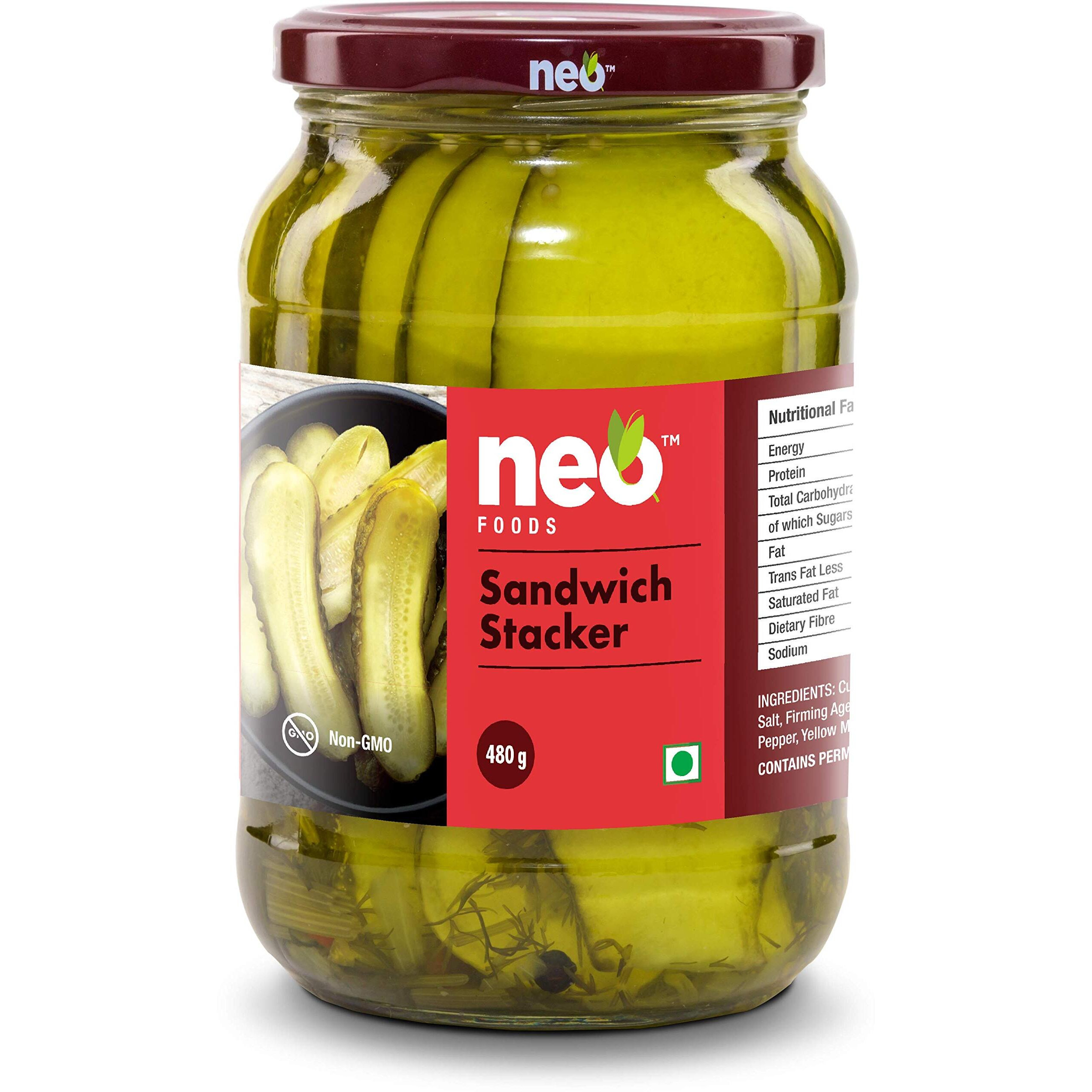 Neo Sandwich Stackers 480G I 100% Vegan I Low Fat Sweet and Salty Gherkin Slices, Ready to Eat, No GMO I Make Burger, Sandwich and More (Pack of 1)