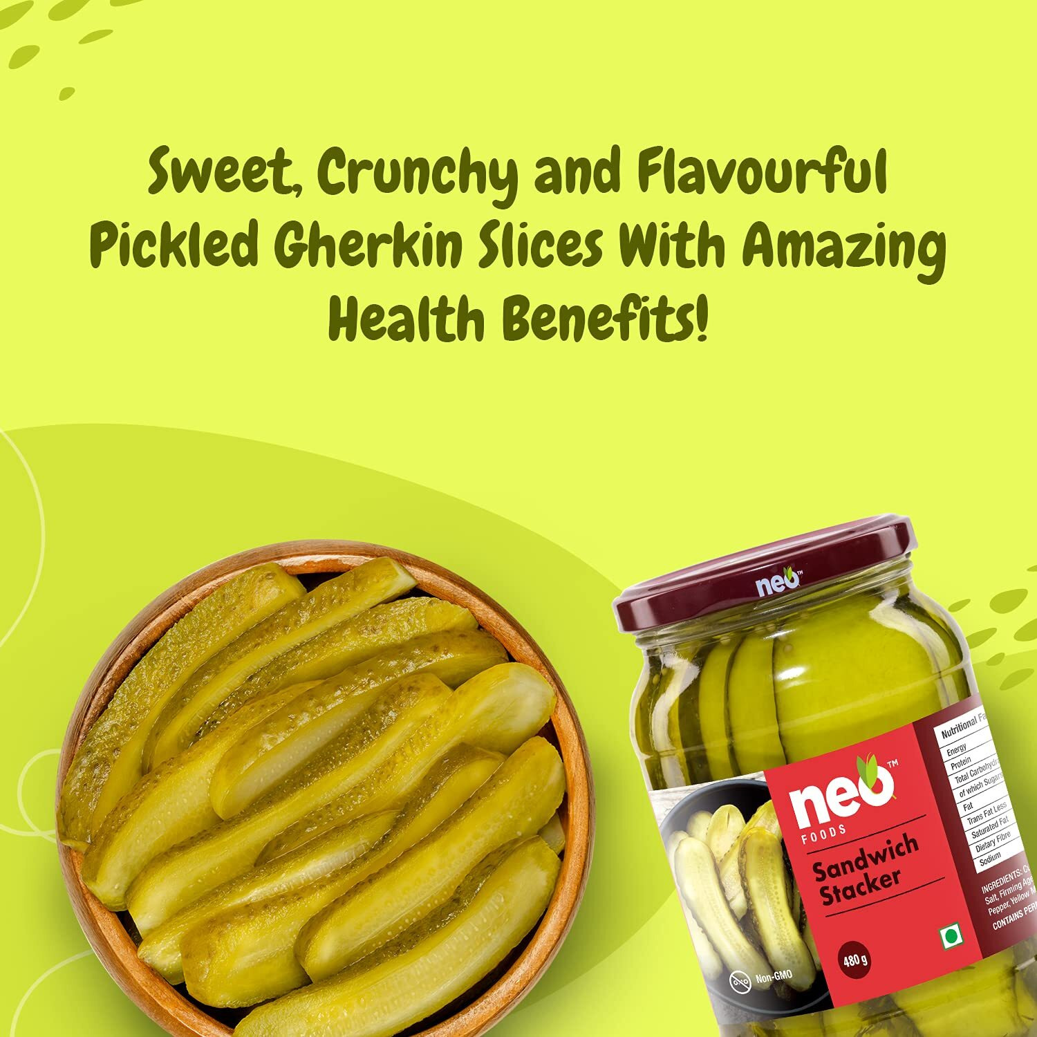 Neo Sandwich Stackers 480G I 100% Vegan I Low Fat Sweet and Salty Gherkin Slices, Ready to Eat, No GMO I Make Burger, Sandwich and More (Pack of 1)