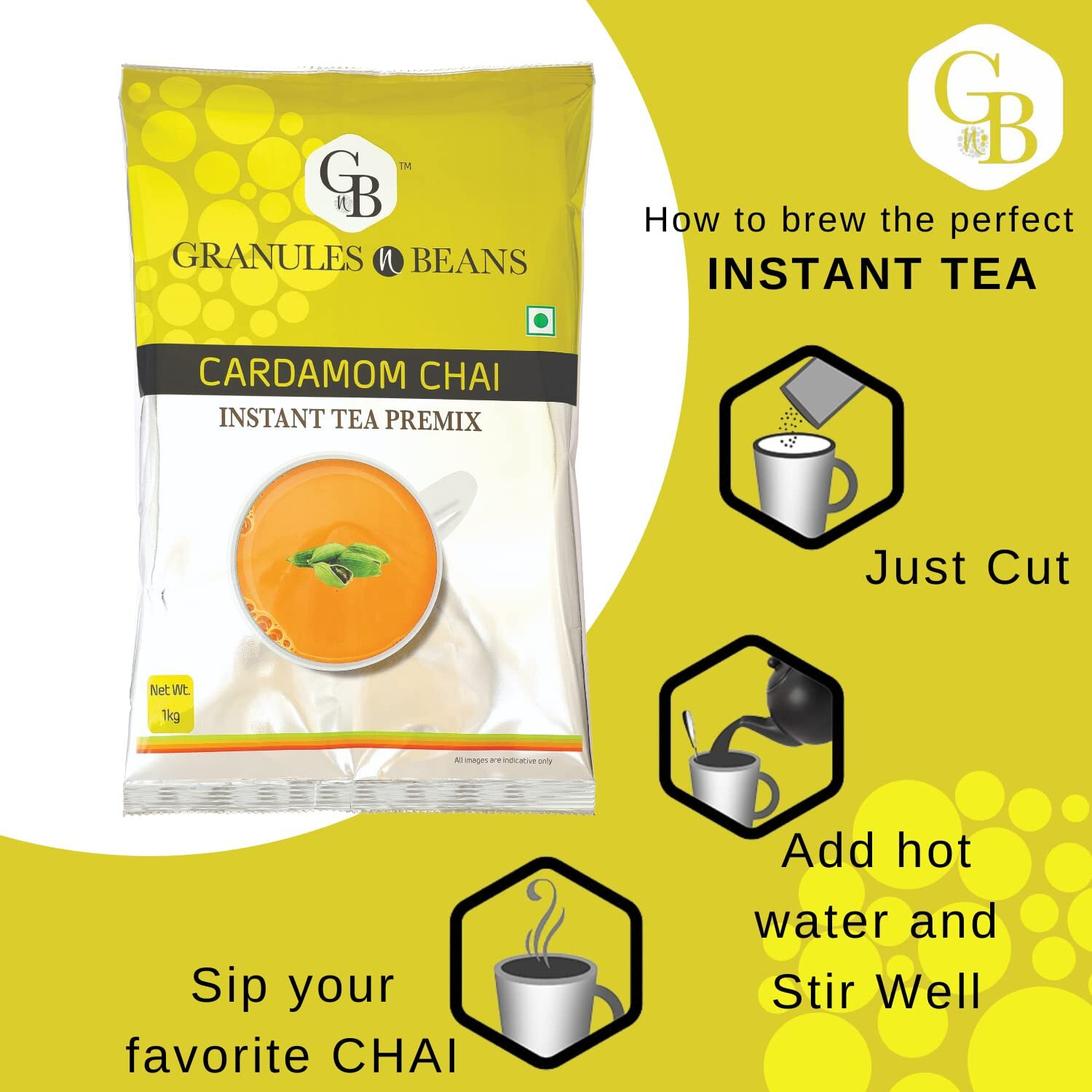 GnB GRANULES n BEANS Cardamom Assam Chai Instant Tea Premix - 1Kg