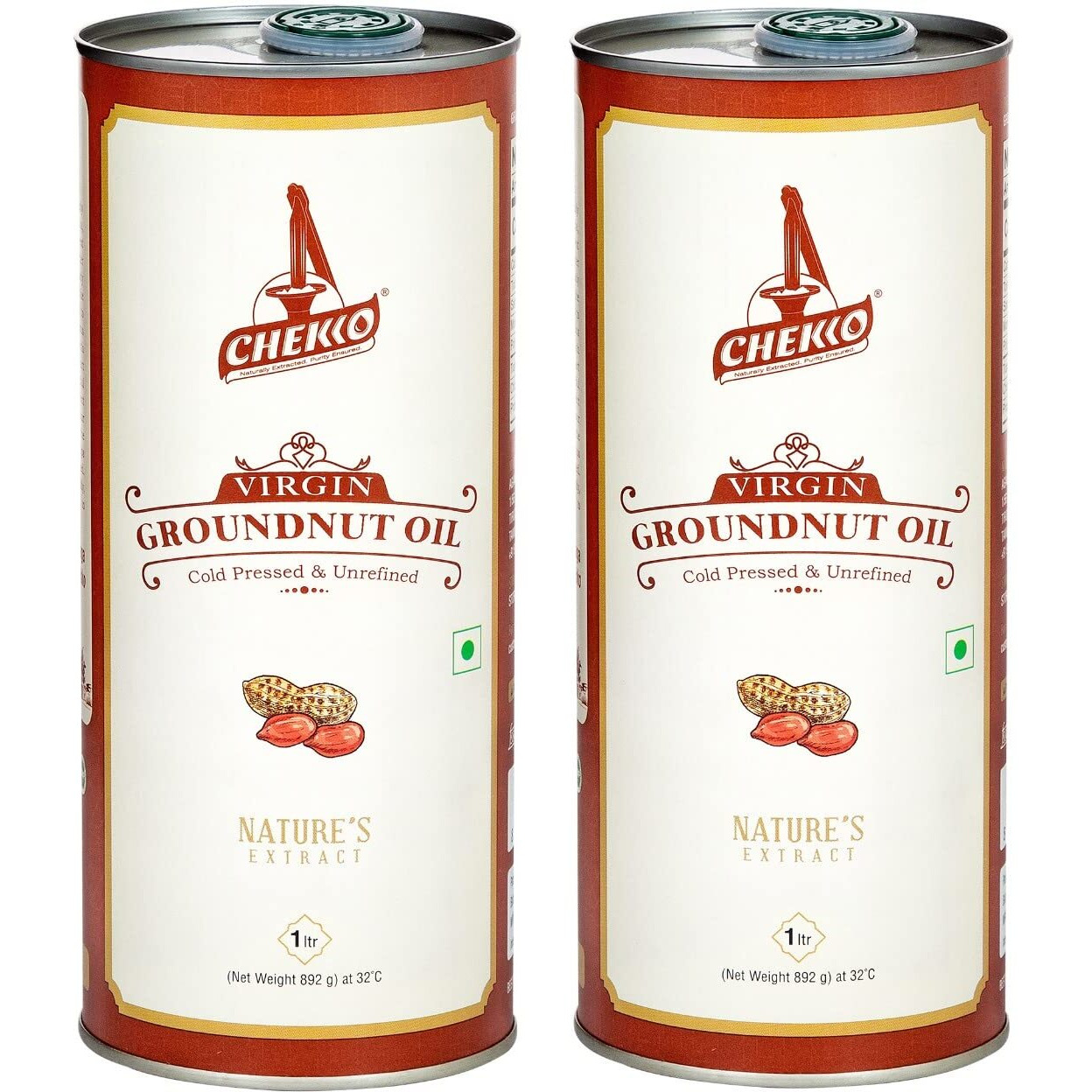 Chekko Cold Pressed Groundnut/Peanut Oil (Virgin, Kachi Ghani, Chekku) | 100% Natural, Pure & Wood Pressed (2L) for Cooking - (1 Litre*Pack of 2)