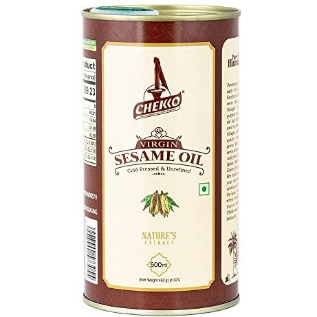 Chekko Cold Pressed Virgin Sesame (Gingelly) Oil | 100% Natural, Pure & Wood Pressed (500 ML) for Cooking, Haircare, Seasoning, Oil Massage and Oil Pulling