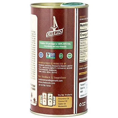 Chekko Cold Pressed Virgin Sesame (Gingelly) Oil | 100% Natural, Pure & Wood Pressed (500 ML) for Cooking, Haircare, Seasoning, Oil Massage and Oil Pulling