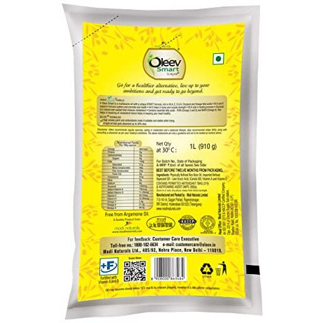 Oleev Smart Oil, Fortified with VIT A, D, E and K, 1L Pouch