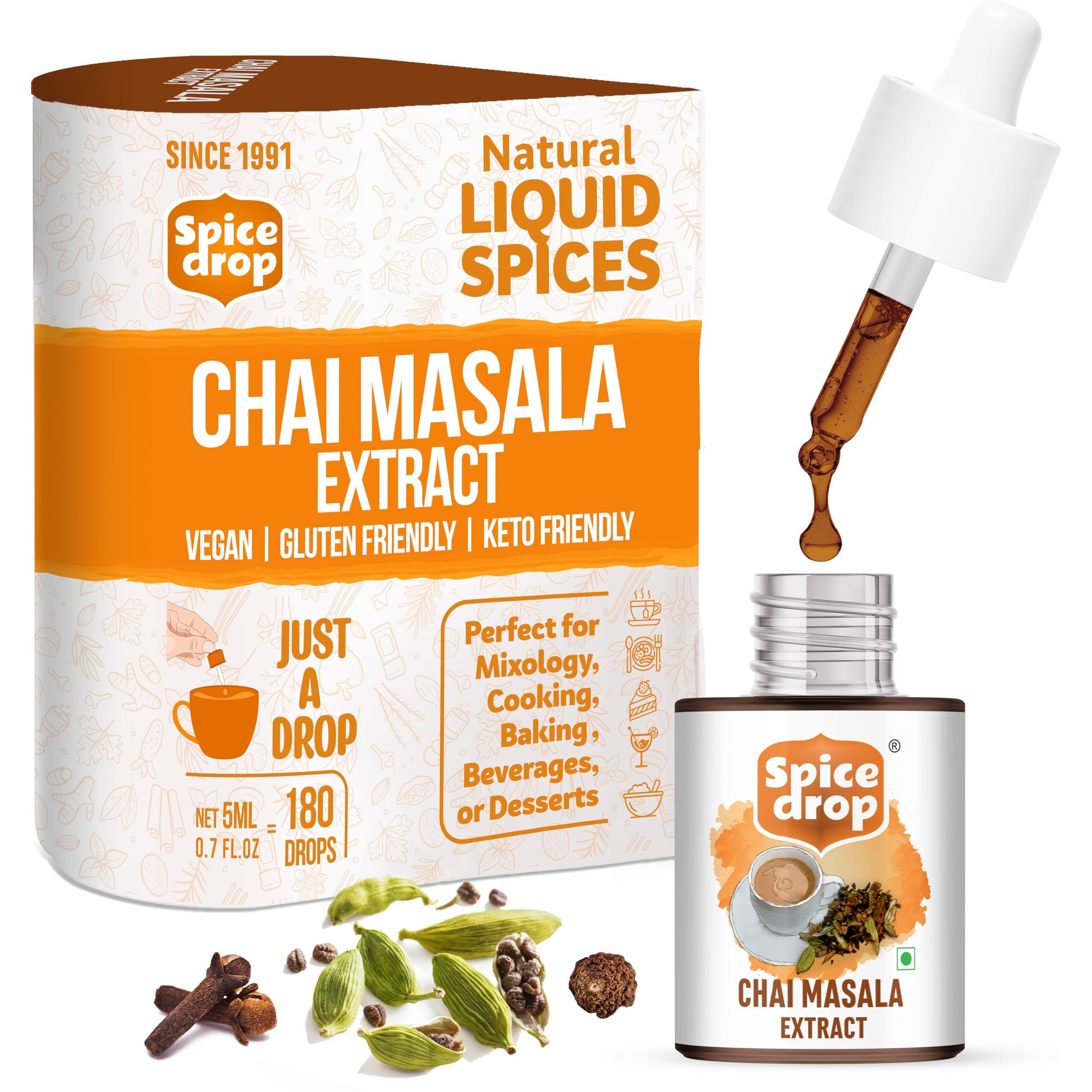 Spice Drop Chai Masala Extract | Contains Cardamom, Ginger & Black Pepper | Flavors 180 cups | 5ML equals 125 grams of powder | No preservative | 1 drop per cup | Tea Masala Drops
