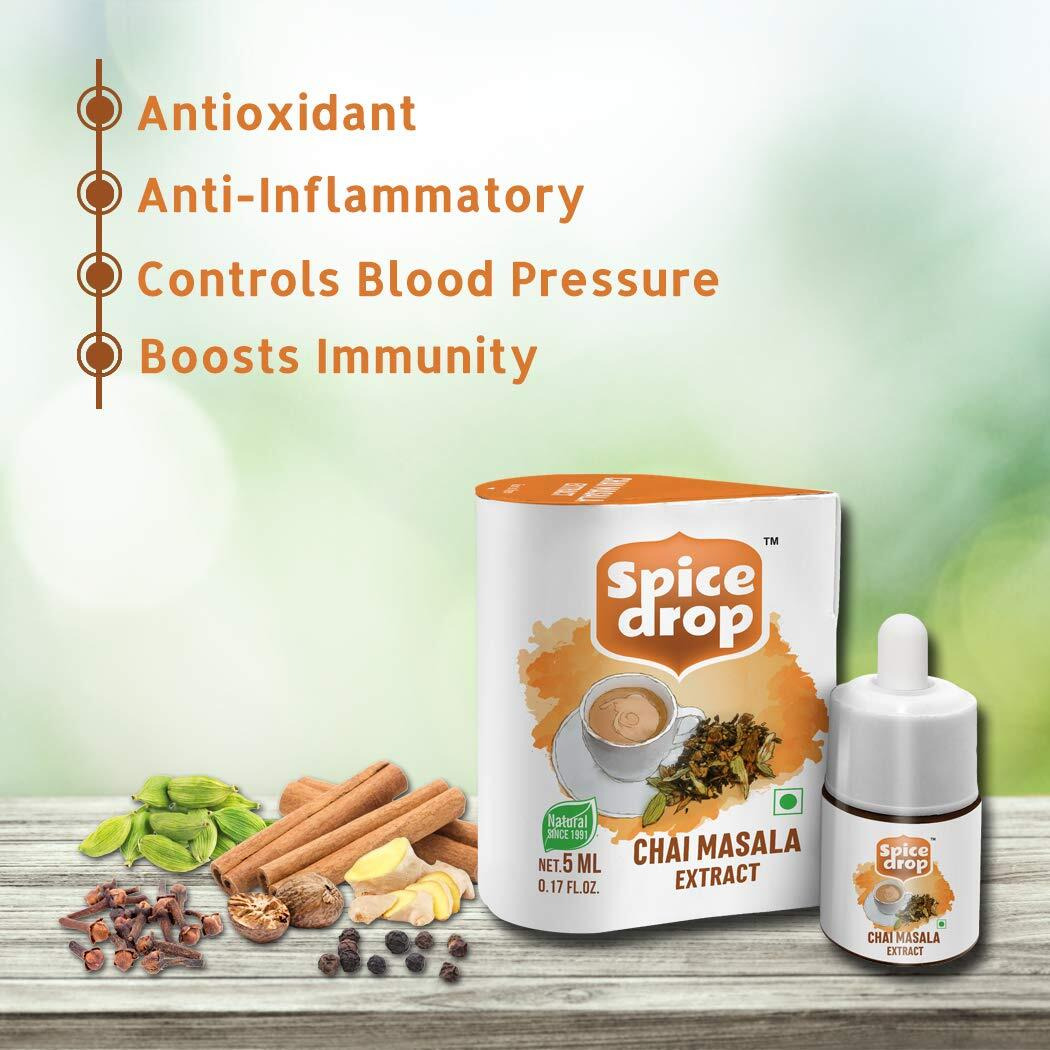 Spice Drop Chai Masala Extract | Contains Cardamom, Ginger & Black Pepper | Flavors 180 cups | 5ML equals 125 grams of powder | No preservative | 1 drop per cup | Tea Masala Drops