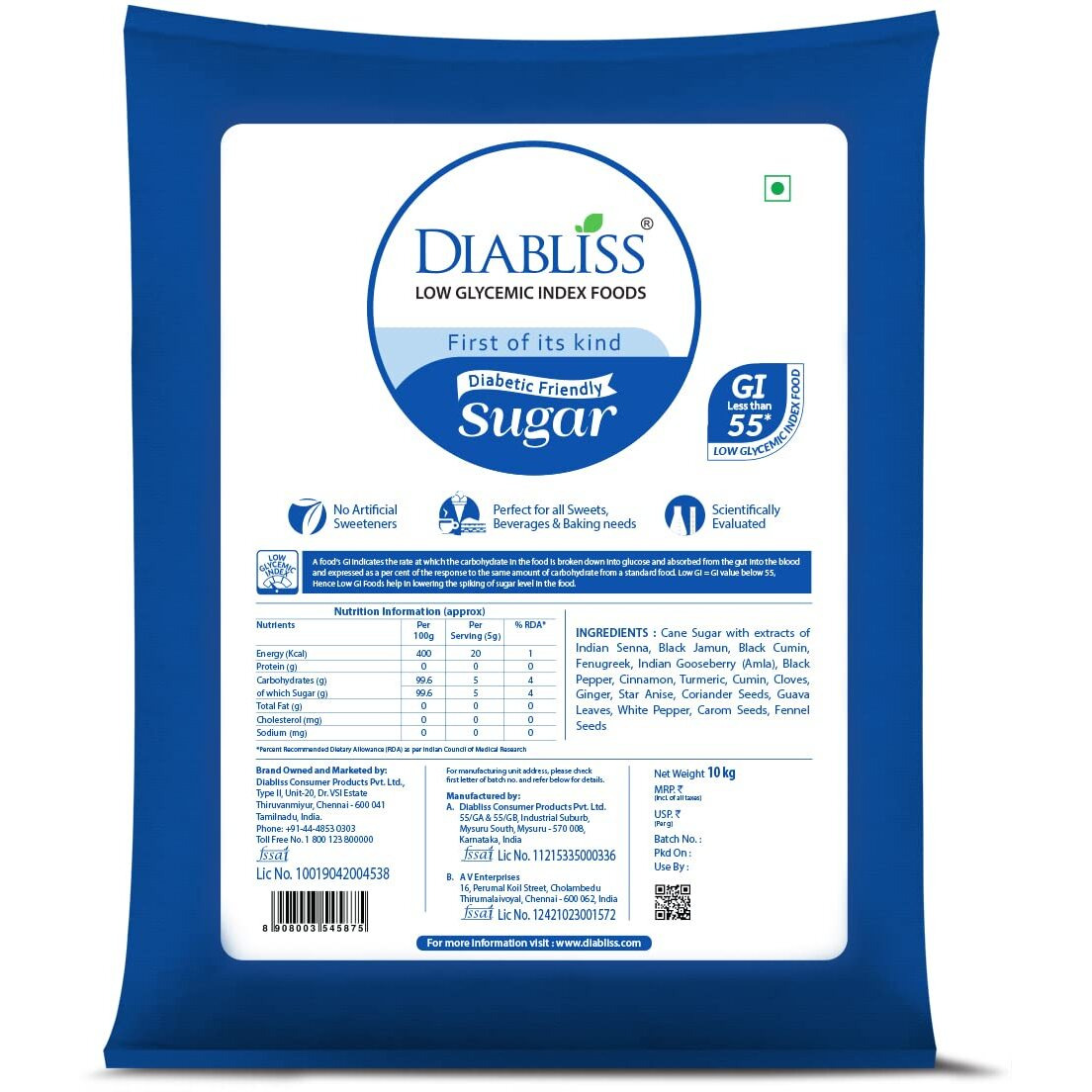 Diabliss Diabetic Friendly Herbal Cane Sugar - Free from Chemicals Artificial Sweetener Natural Health and Wellness - Low Glycemic Index (GI) - 10Kg Institutional Bulk Pack