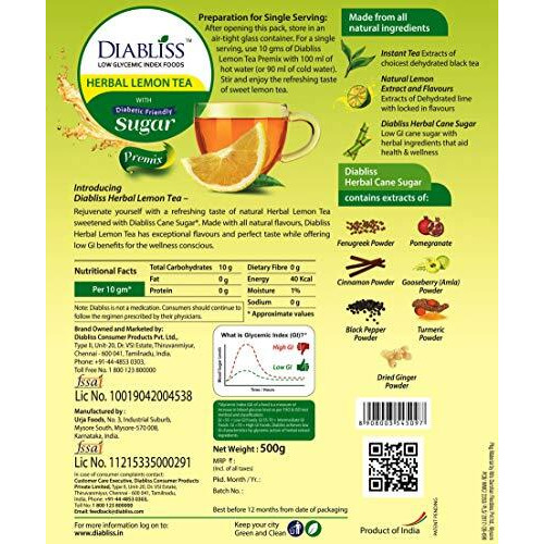 Diabliss Herbal Lemon Green Tea 500Gram Pouch - Refreshing Taste Low Glycemic Index (Gi) Food Sugar Free (1) - Powder
