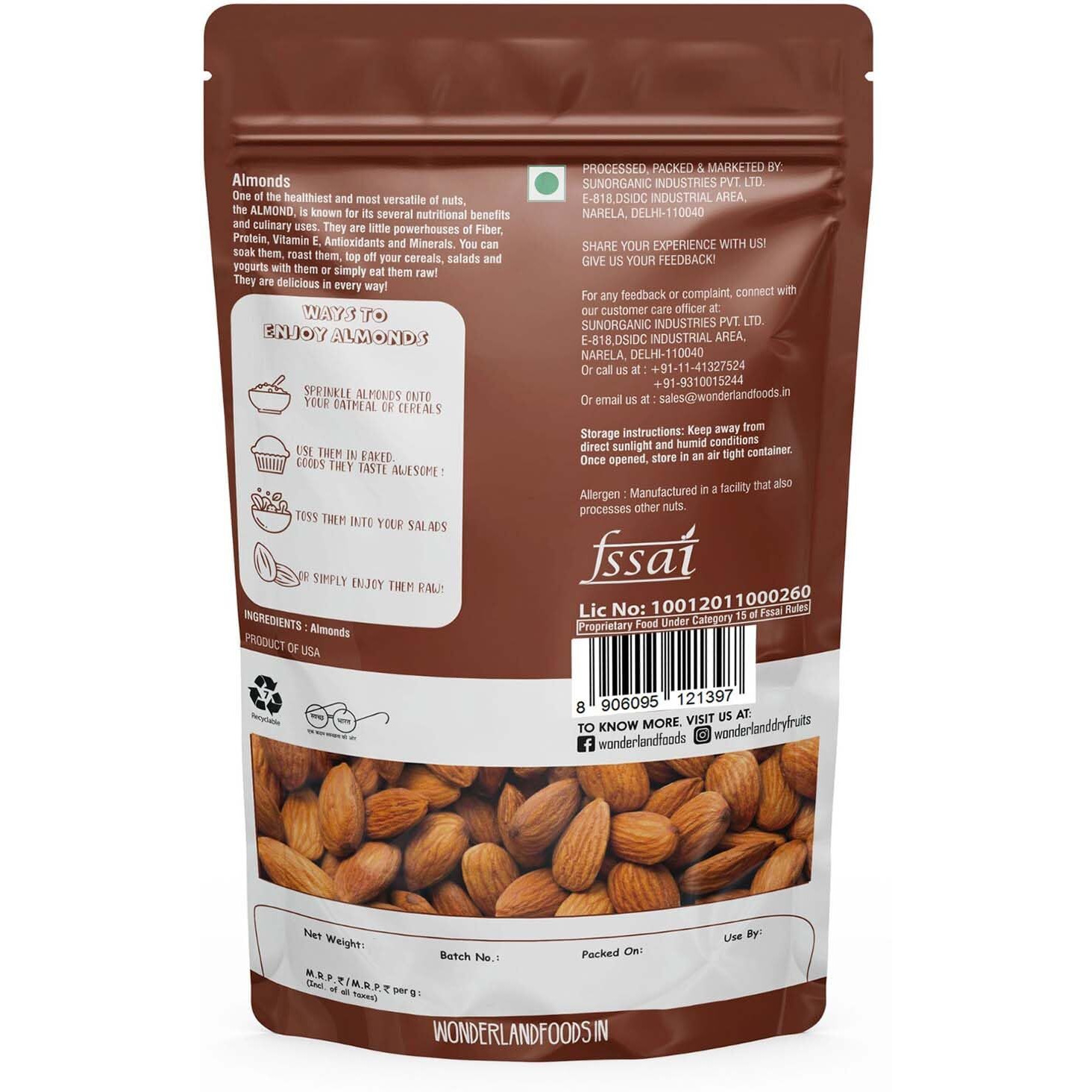 WONDERLAND FOODS 100% Natural Raw California Almonds 500g Pouch Pack | Badam Giri | Nutritious & Delicious High in Fiber & Boost Immunity | Real Nuts | Gluten Free