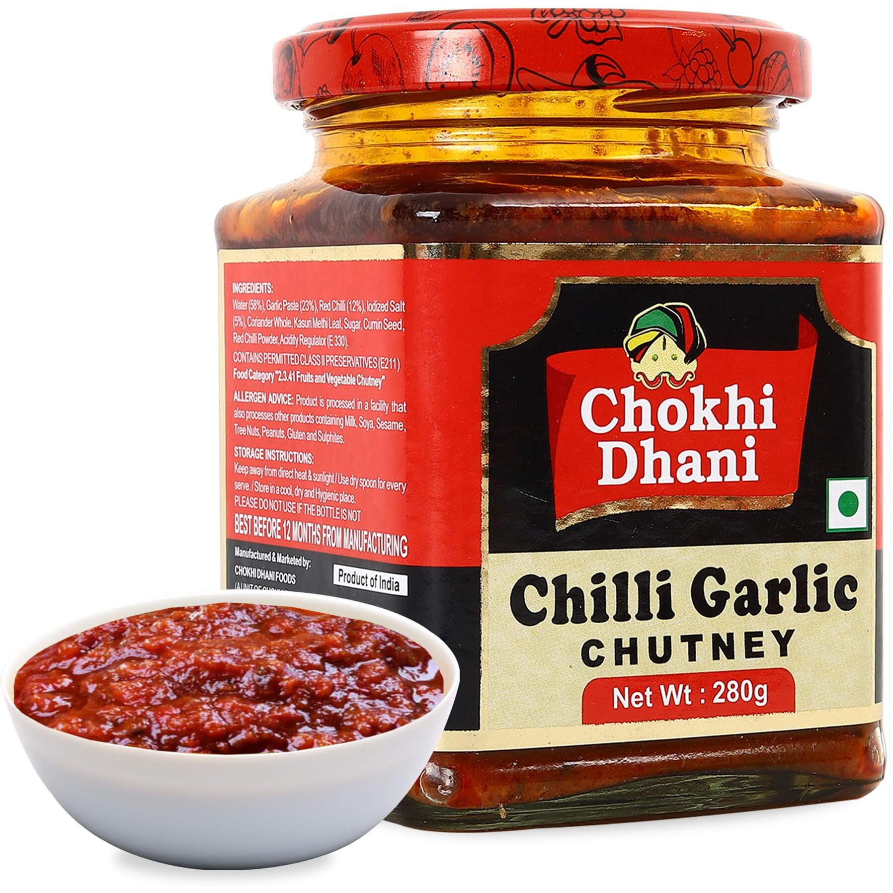 Chokhi Dhani Chilli Garlic Chutney, Spicy Garlics & Red Chillies Condiment for Dipping Chutneys, Lal mirchi lahsun ki chatni (Pack of 1, 280g)