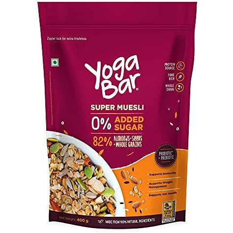 Yogabar Super Muesli, No Added or Hidden Sugar, Breakfast Muesli with Probiotics & Prebiotics, 82% Almonds + Whole Grains + Chia Seeds + Flax Seeds, 400g