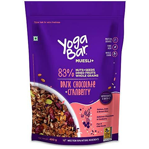 Yogabar Wholegrain Breakfast Muesli - Dark Chocolate + Cranberry,400g| Healthy Breakfast Cereals | Granola | Gluten Free | Antioxidant Rich | Healthy Food for Breakfast | Protein Rich