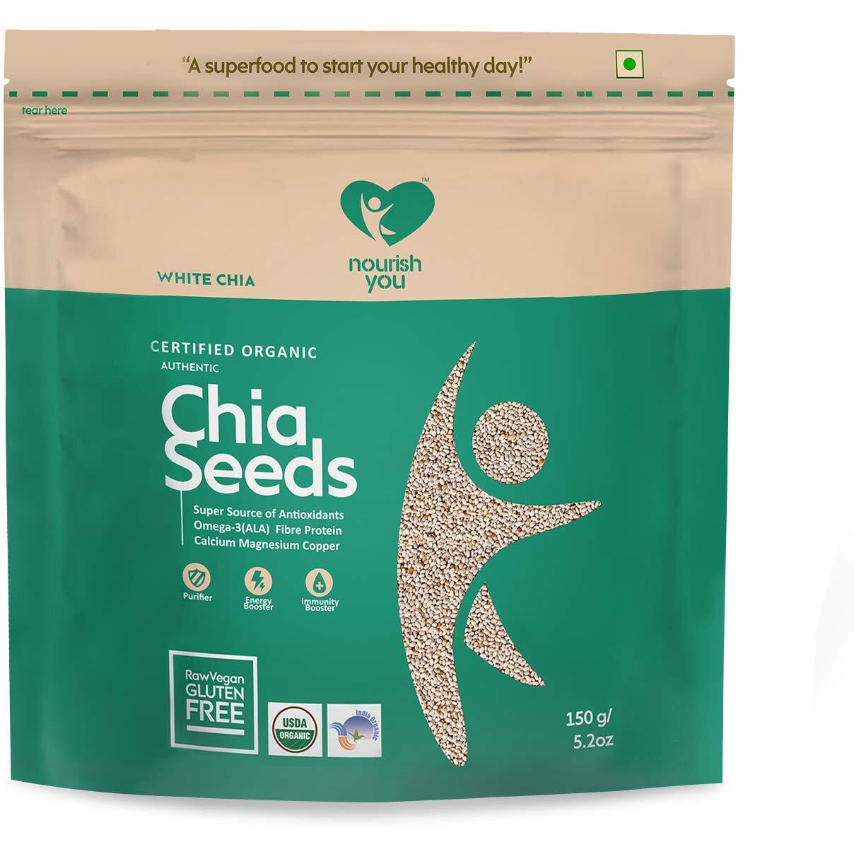 Nourish You Organic White Chia Seeds 150G | USDA Certified Grain | Gluten Free | Super Source of Calcium, Protein Fibre & Antioxidant | Enriched with Omega 3 & Zinc | Diet Food | SuperFood | Pack of 1