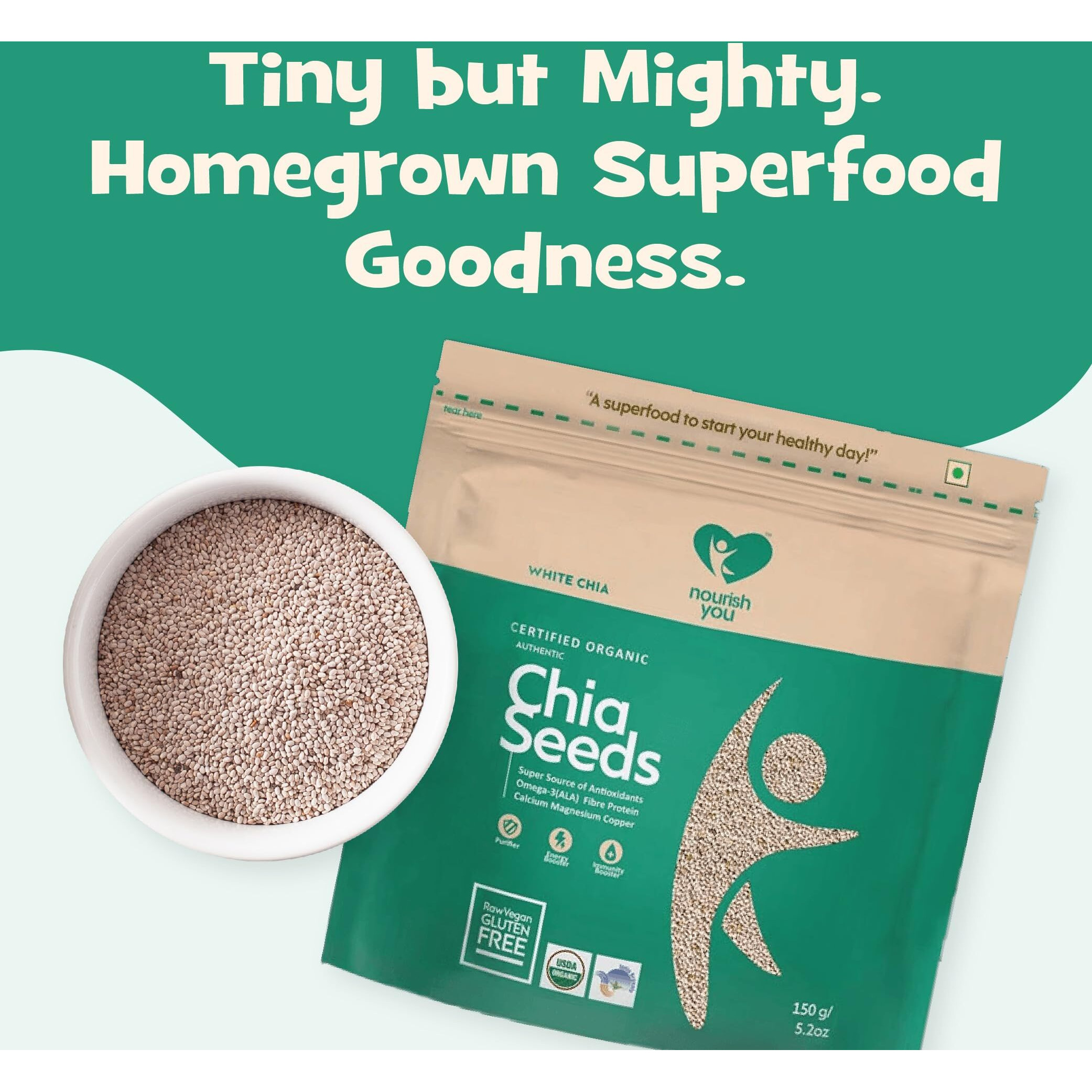 Nourish You Organic White Chia Seeds 150G | USDA Certified Grain | Gluten Free | Super Source of Calcium, Protein Fibre & Antioxidant | Enriched with Omega 3 & Zinc | Diet Food | SuperFood | Pack of 1