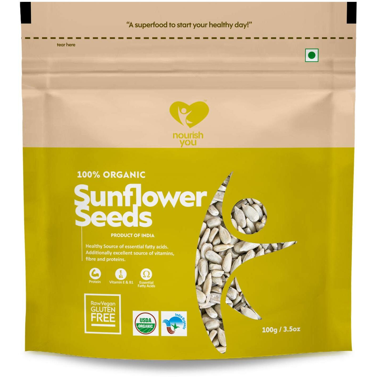 Nourish You Sunflower Seeds 100g - 100% Organic Raw Sunflower Seeds for Eating | Diet Food | Healthy Snack | Raw seeds | Weight management | Source of Antioxidants