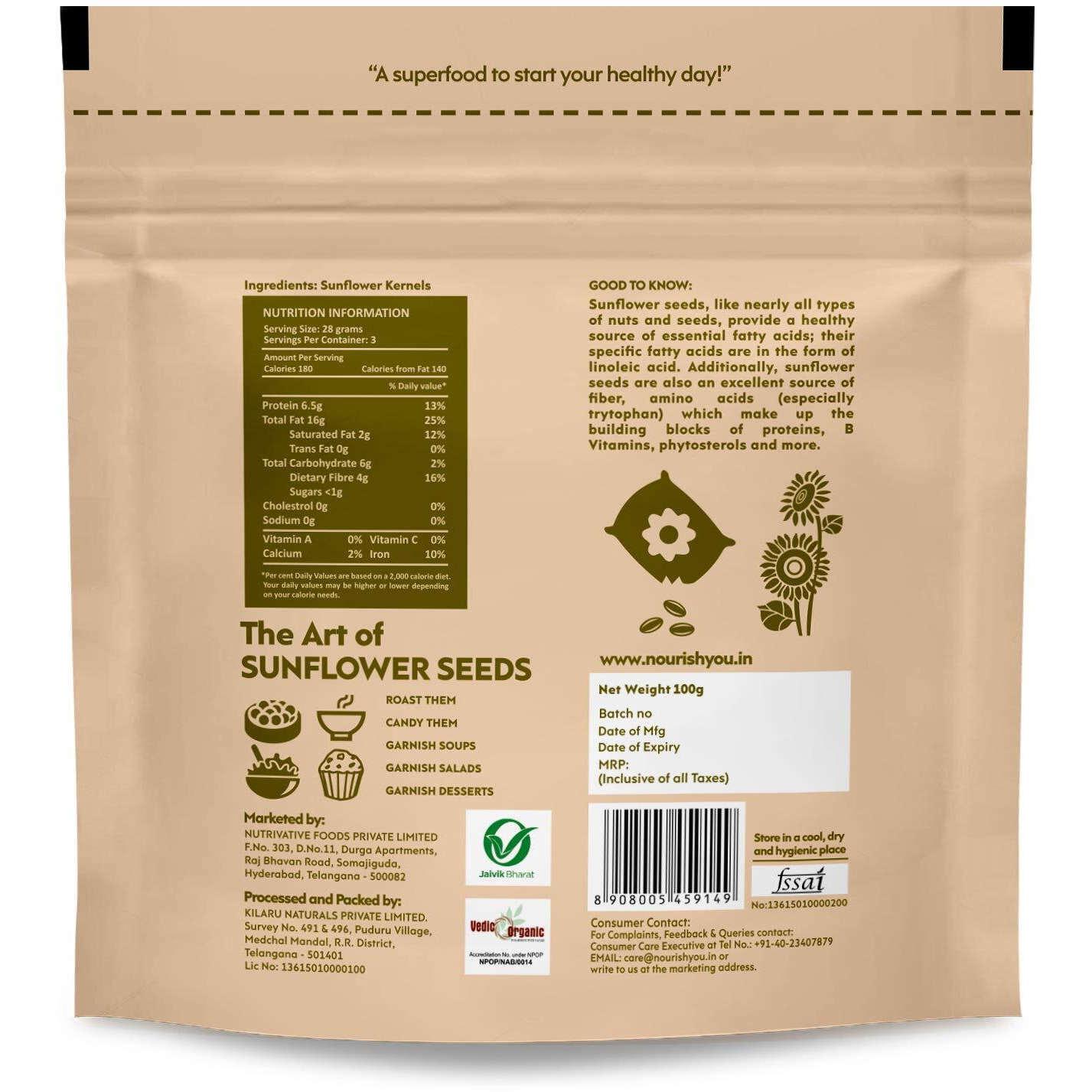 Nourish You Sunflower Seeds 100g - 100% Organic Raw Sunflower Seeds for Eating | Diet Food | Healthy Snack | Raw seeds | Weight management | Source of Antioxidants